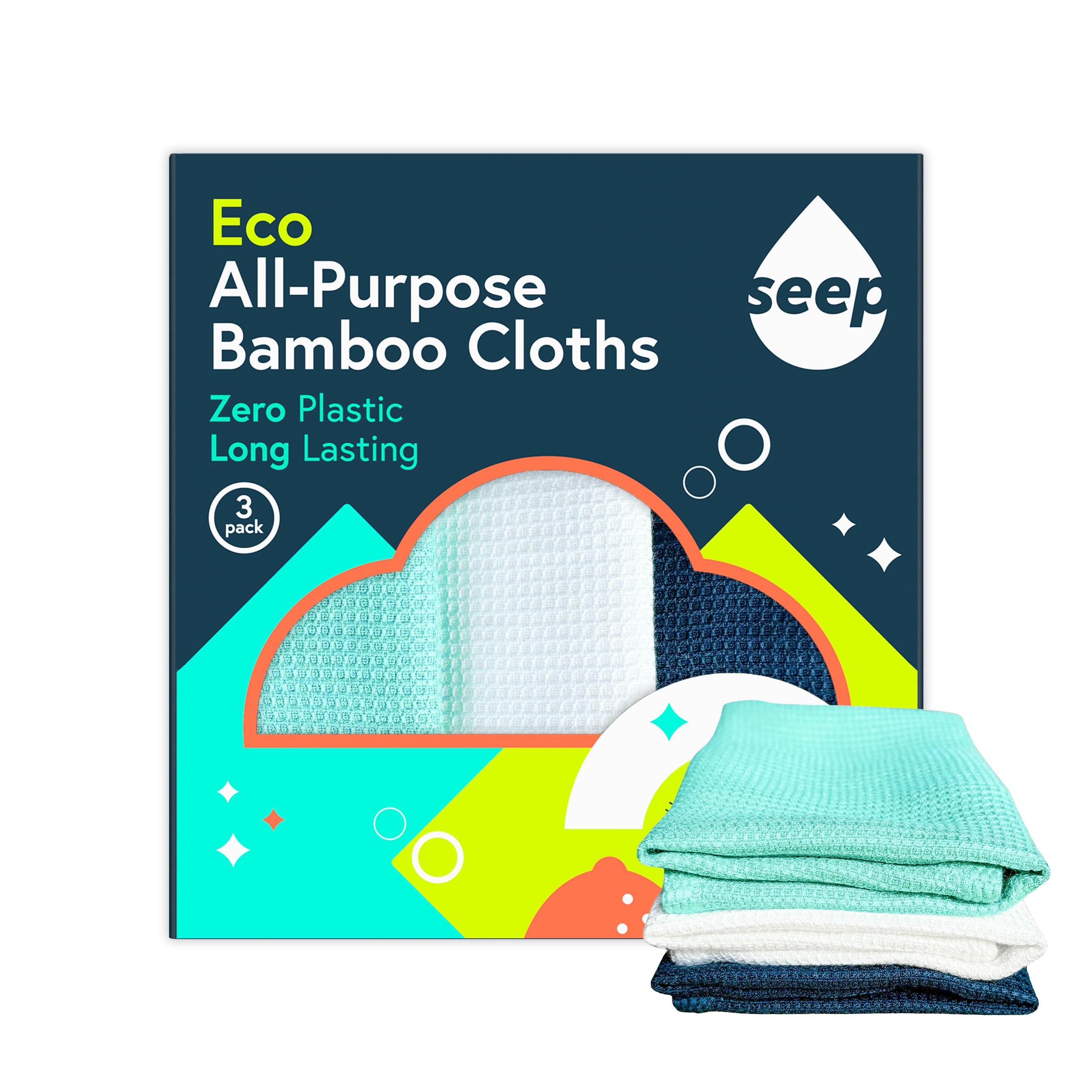 SEEP Eco All Purpose Bamboo Cloths - Multi-Purpose Cleaning Cloth - Bamboo Dish Cloths - Pack of 3