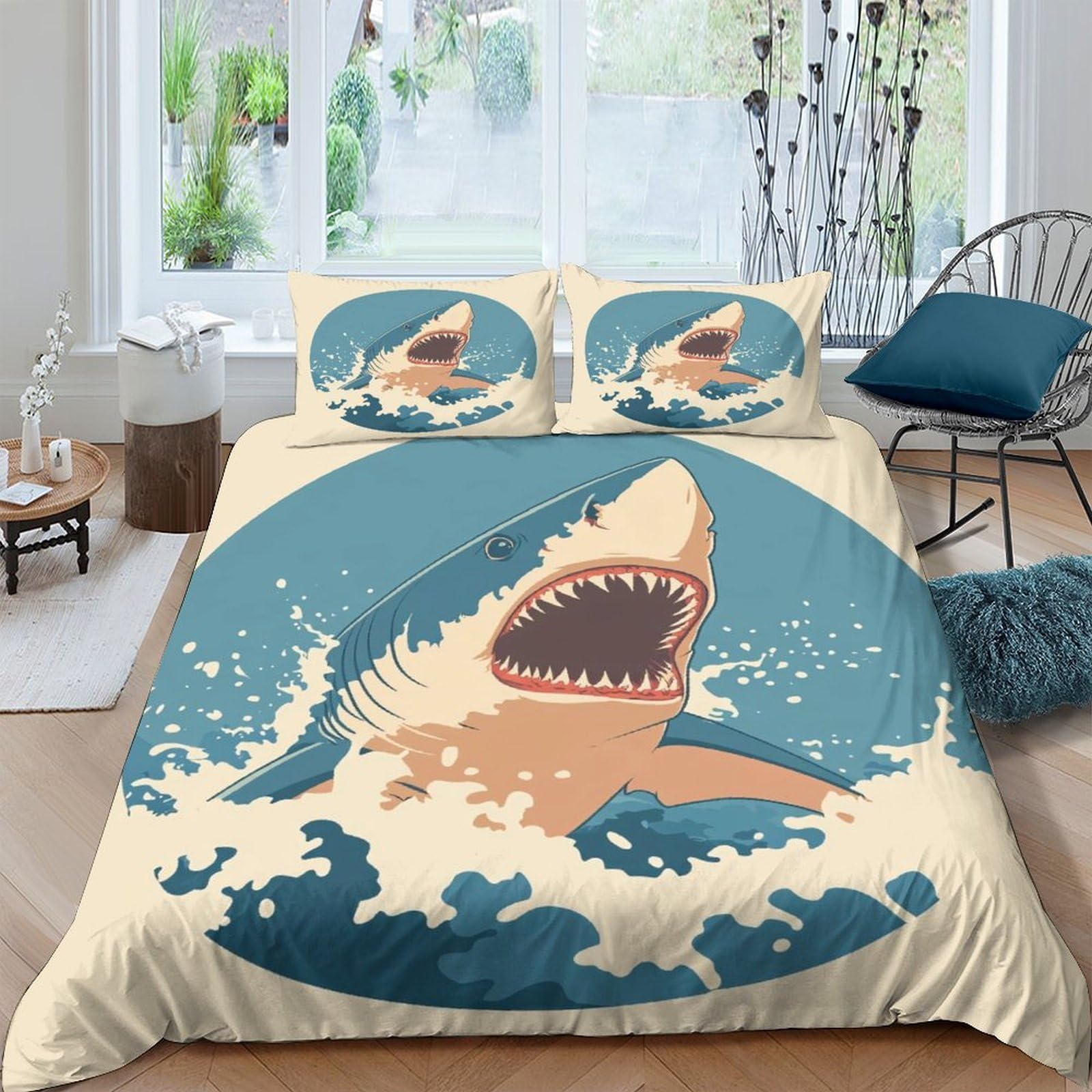 Ctjqhvkz Style-3 3D Printed Shark Ocean Fitted Sheet Microfiber Soft Blue Sea Mattress Cover For Bedroom Dorm Guest Room Decoration Single（135X200cm）