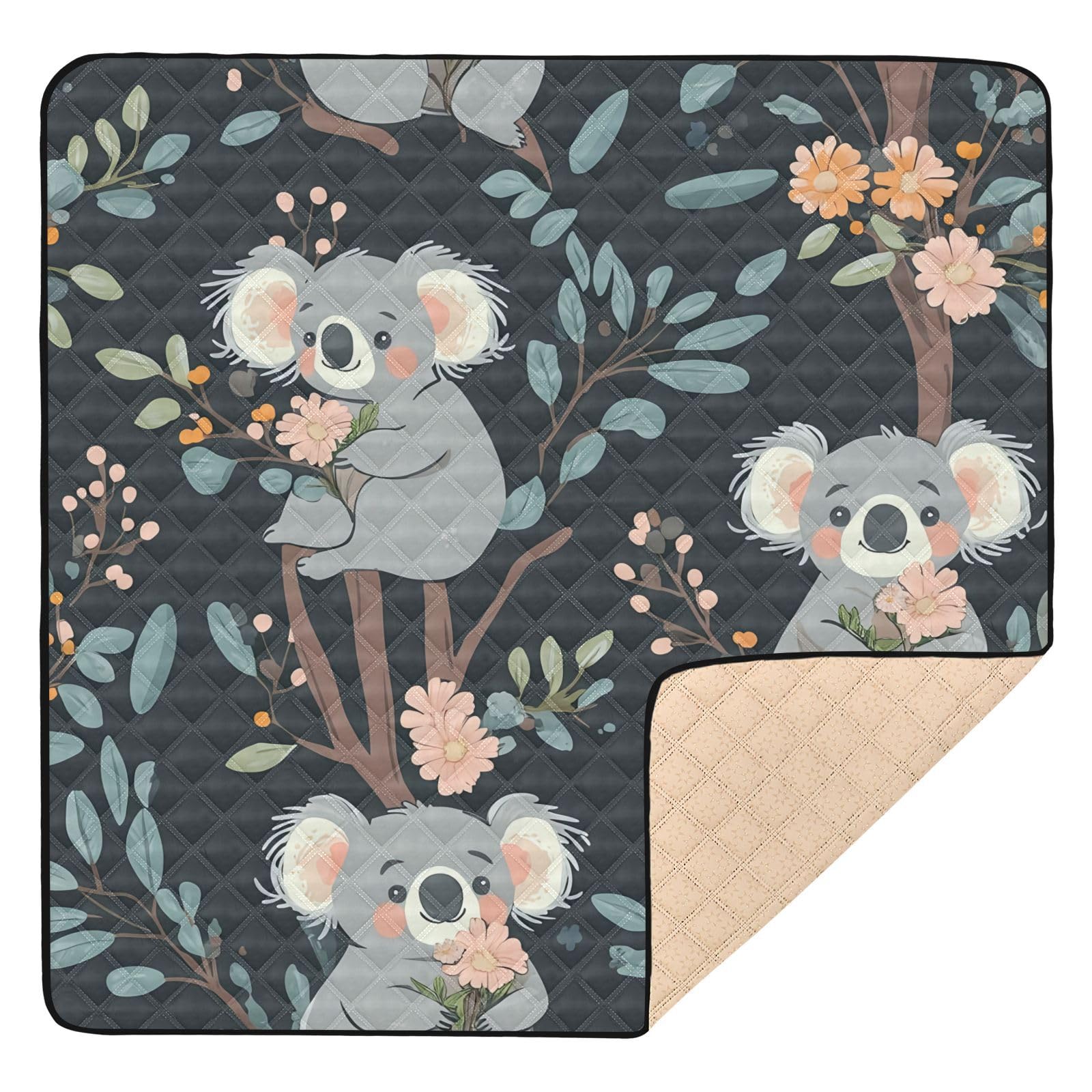 BOESI Doodle Koala and Floral Baby Play Mat, 50“ X 50” Washable Folding Crawling Mat, Baby Floor Mat, Soft, Thick, Non-Slip