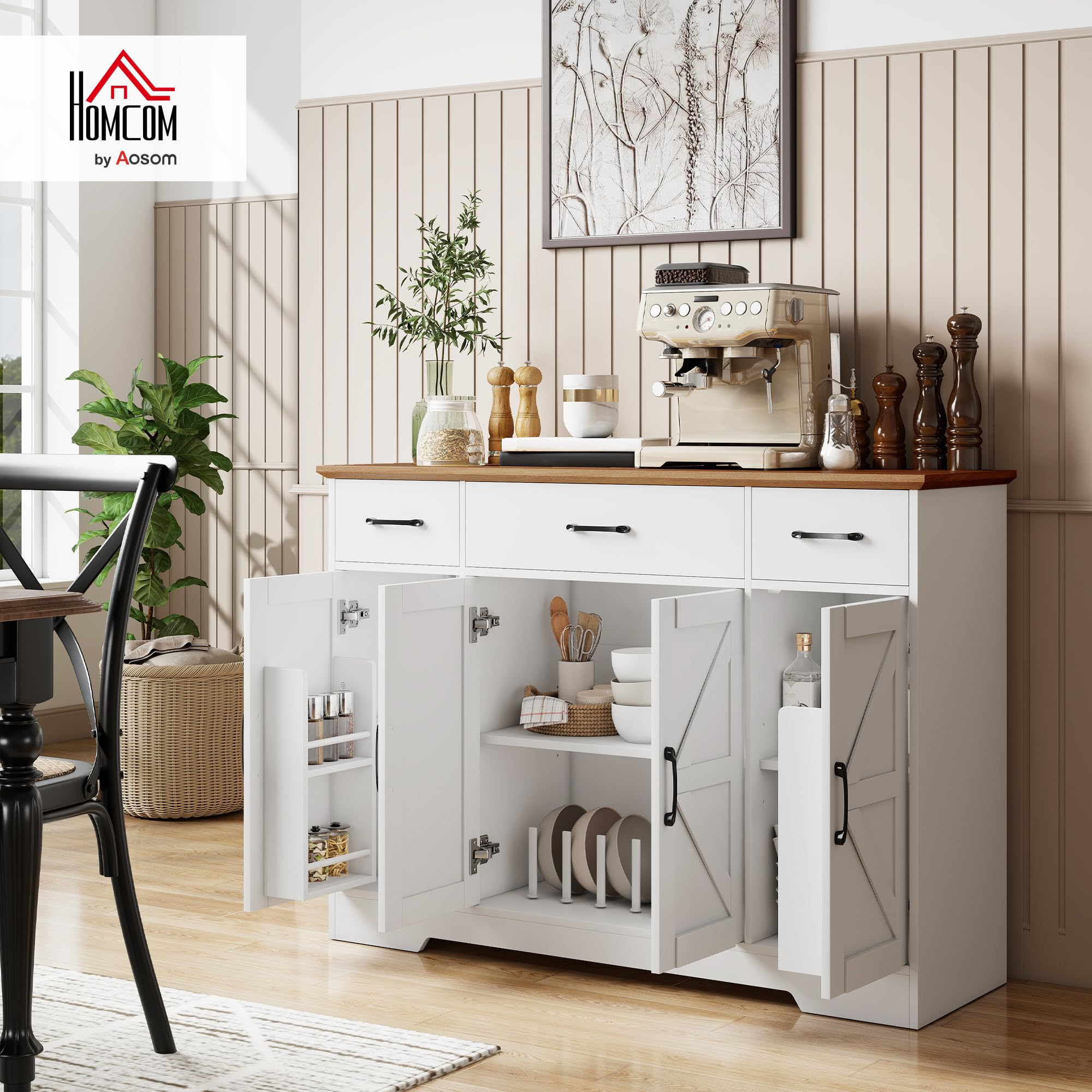 HOMCOM Aparador de Cocina Rústico, Armario de Cocina con 4 Estantes de Puerta, 3 Cajones, Estantes Ajustables, Puerta con Cierre Suave, Mueble de TV para 48-55 Pulgadas, 120x38x87 cm, Blanco y Nogal