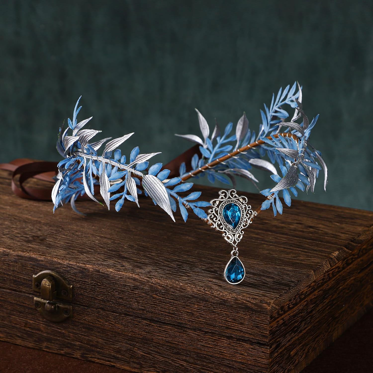 MOSTORY Blue Flower Fairy Crown - Woodland Elf Headpiece Floral Headband Forest Leaf Circlet for Women Renaissance Renfaire Halloween Cosplay Fantasy Photo Shoot - Image 6