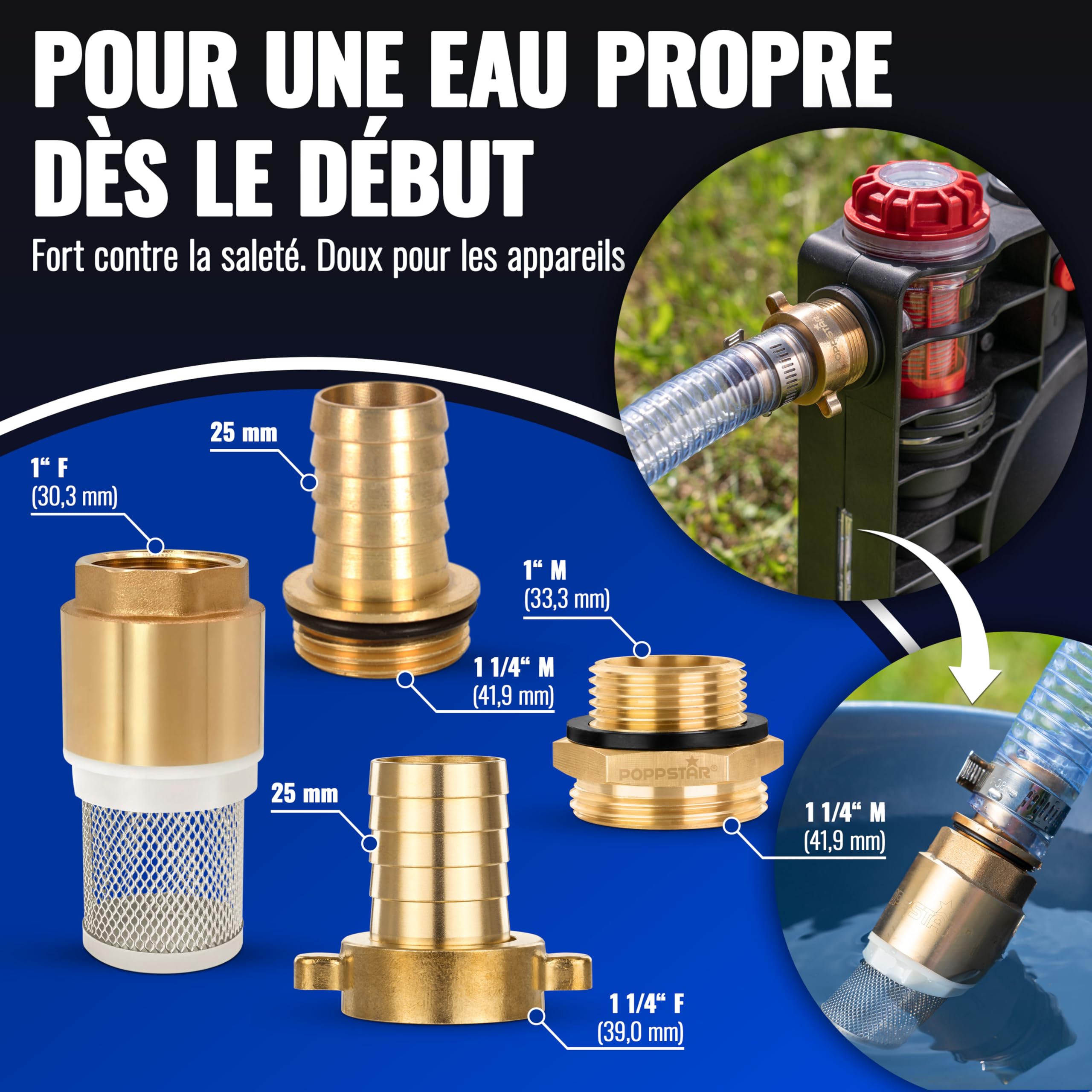 Poppstar Tuyau d'aspiration 1 pouce 4 m (DI 25 / DE 33 mm, Paroi 4 mm), crépine inox clapet anti-retour, écrou-raccord DI 1 1/4" (41,9 mm), réducteur DE 1" (33,3 mm)