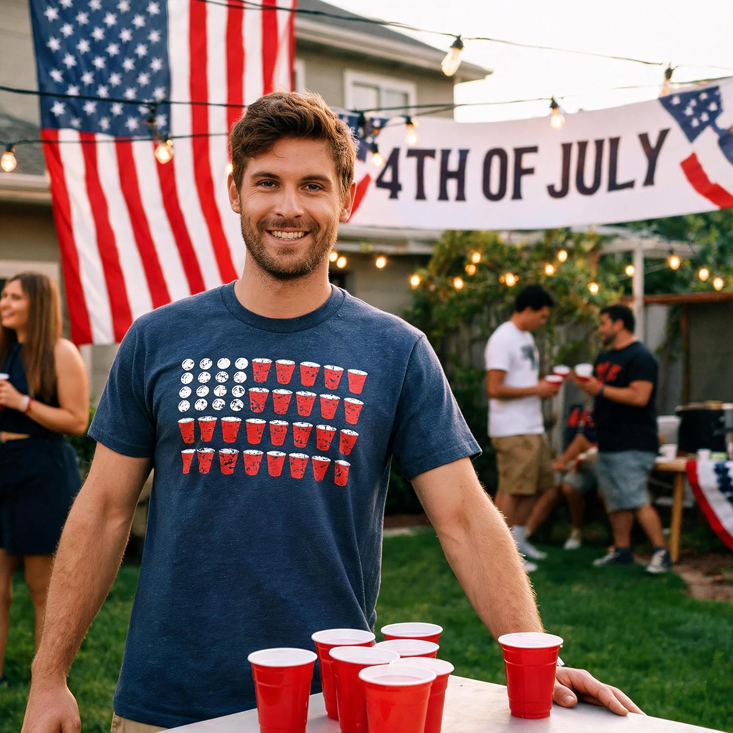 Mens American Flag Beer Pong T Shirt Funny Patriotic Drinking Tee for Guys