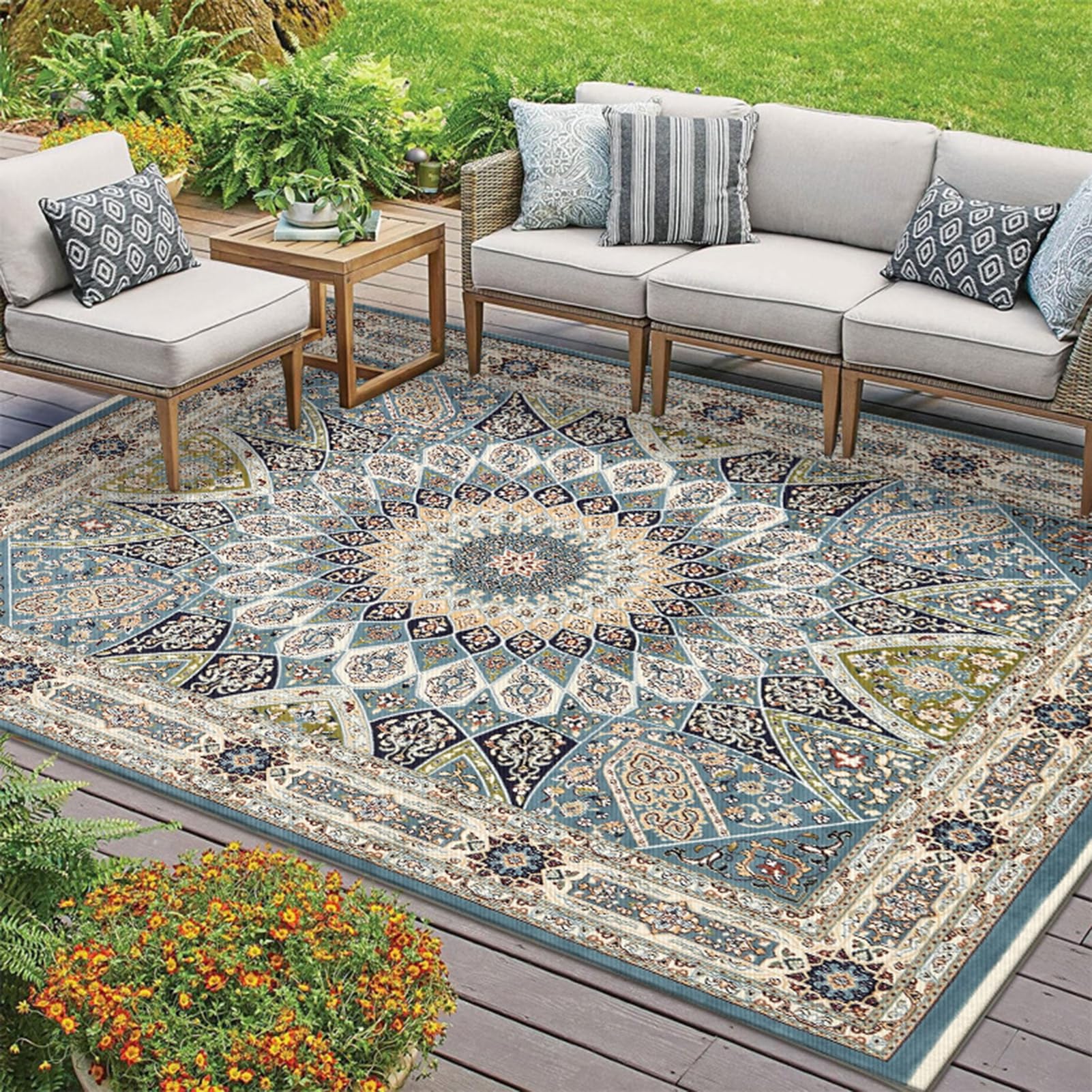 HGTRH Outdoor Rug Patio Rug, Outdoor Carpet for Patio Various Sizes, Crystal Velvet Fabric Outside Rug Not Hide Dust, Thickened Wear-Resistant And Washable Picnic Rug Mat, with No Skid Bottom