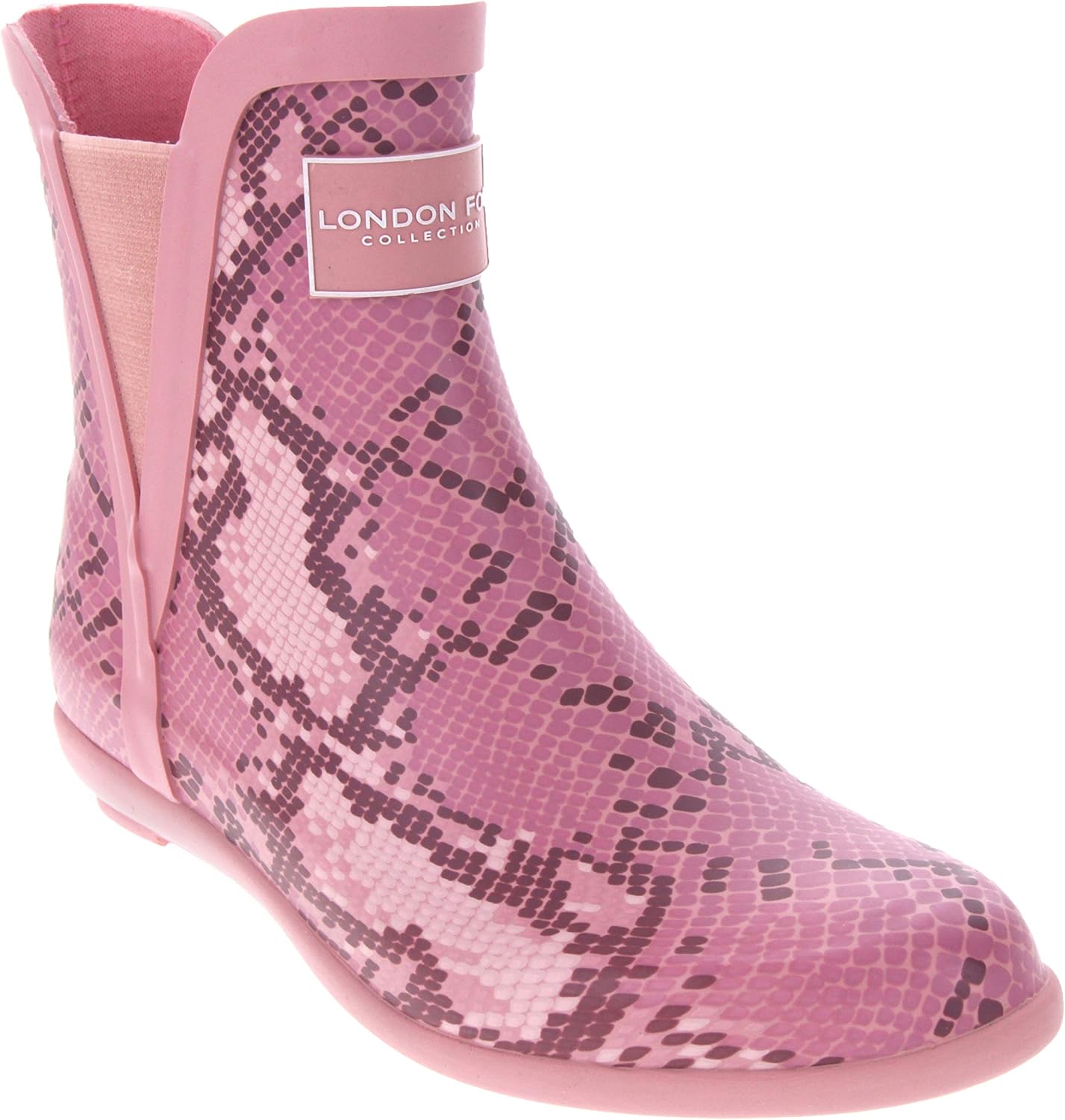 LONDON FOG Womens Piccadilly Rain Boot Pink Snake 6 M US