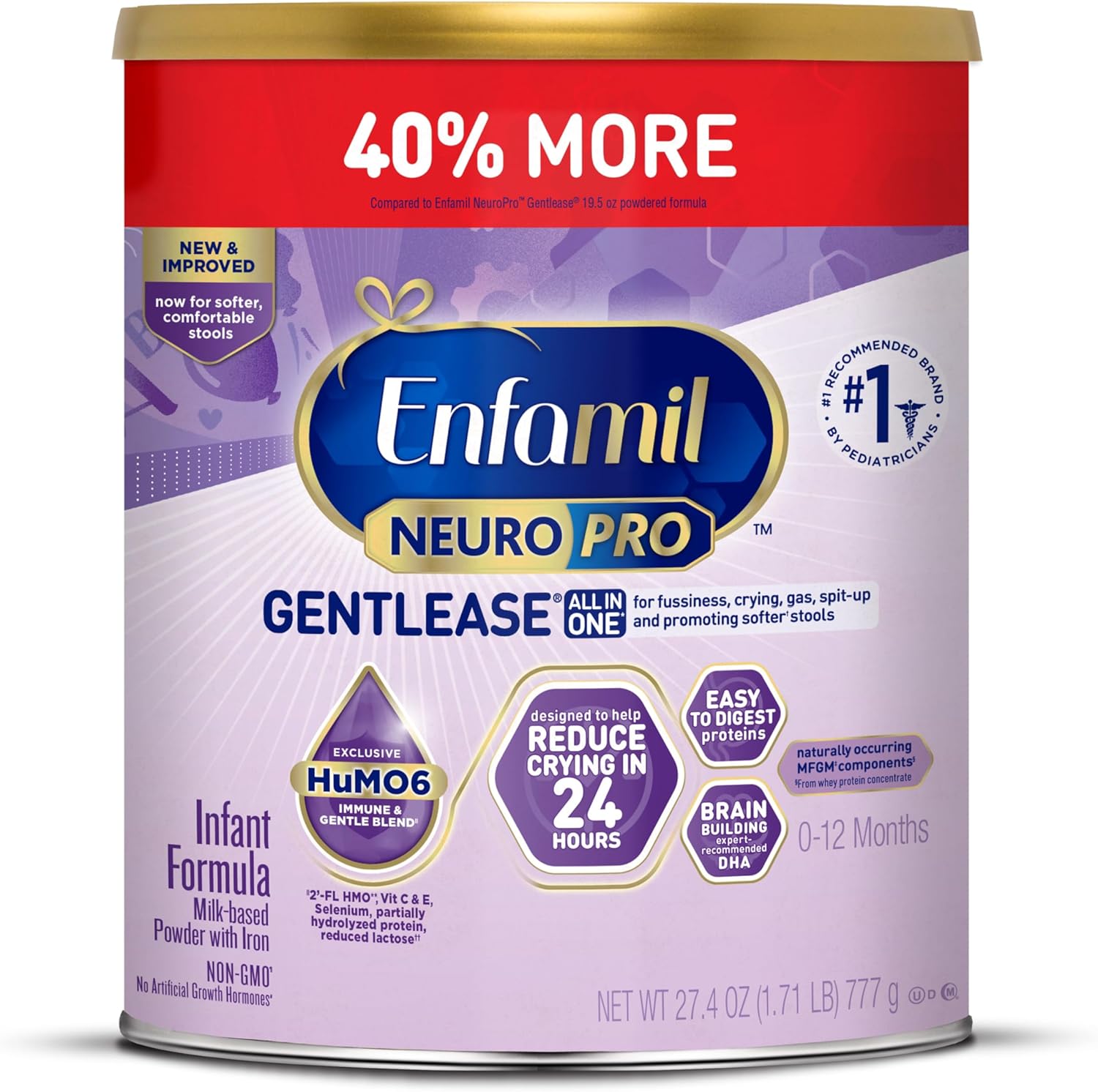 Enfamil NeuroPro Gentlease Baby Formula, Brain Building DHA, HuMO6 Immune Blend, Designed to Reduce Fussiness, Crying, Gas &amp; Spit-up in 24 Hrs, Has Prebiotics to Promote Softer Stools, 27.4 Oz Can