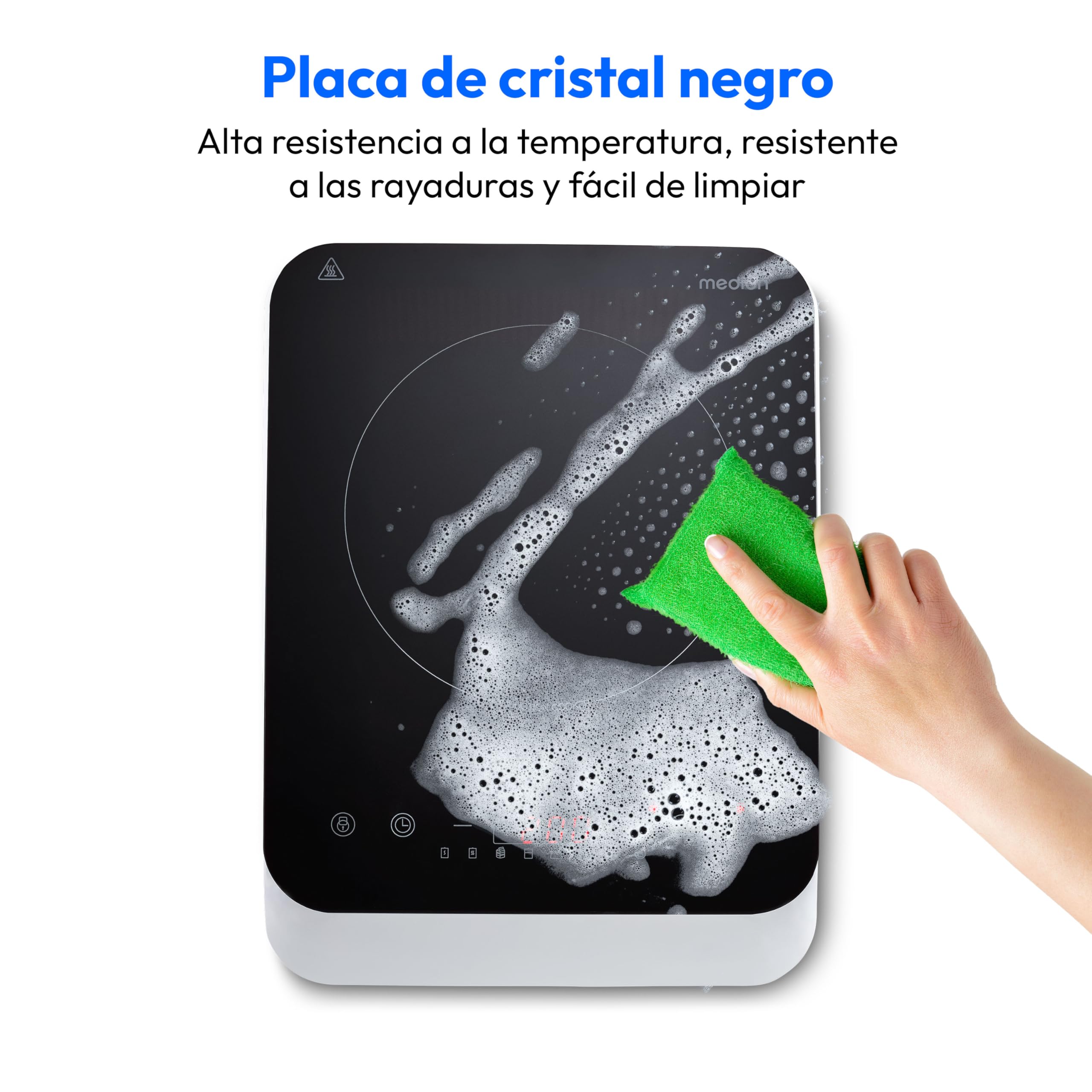 MEDION Placa de inducción (individual, 2000 vatios, placa de inducción, 8 programas automáticos, detección automática de ollas, sensor táctil, pantalla LED, 10 ajustes de temperatura, placa de cristal