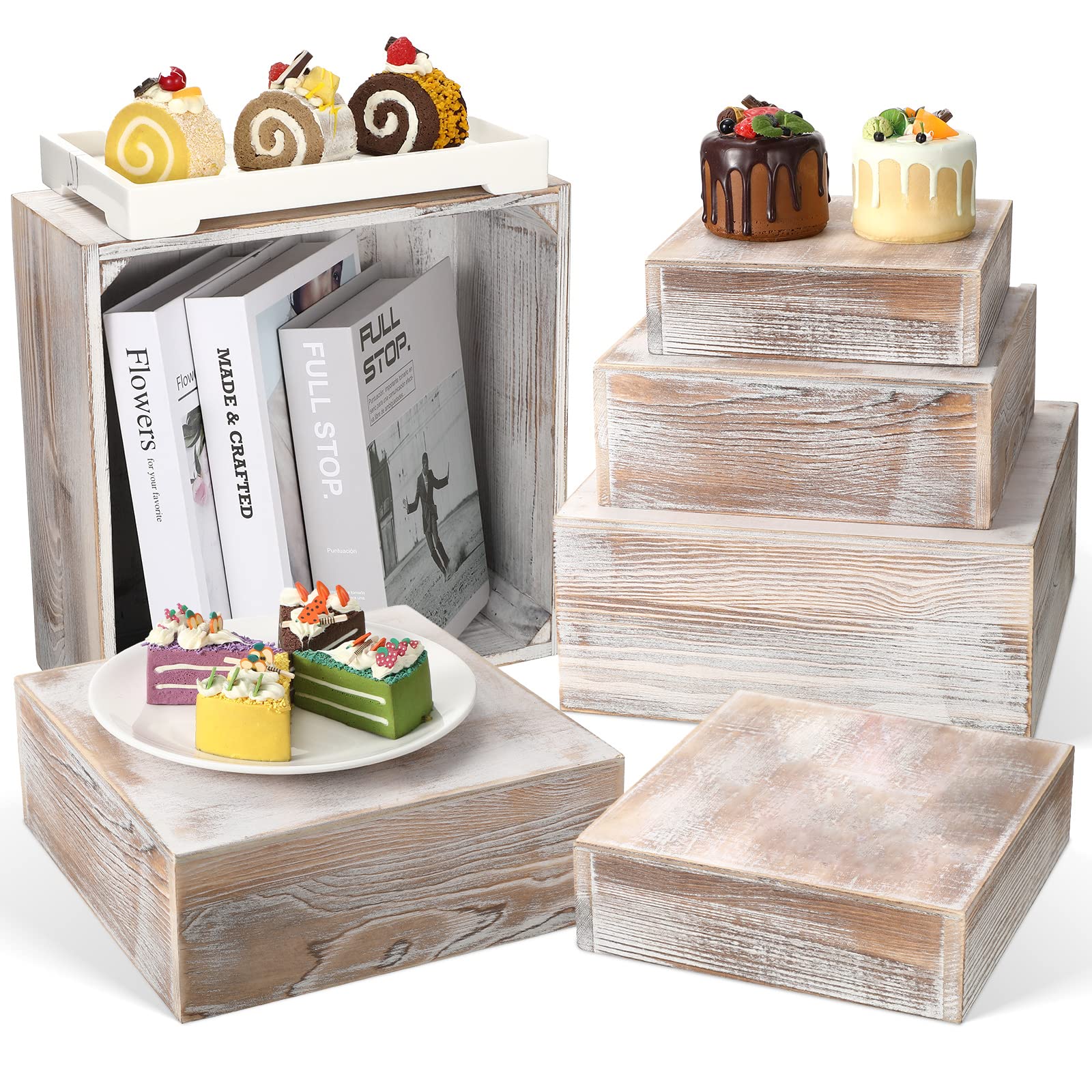Photo 1 of 2 Pcs Wooden Display Stand Whitewashed Square Cake Stand Dessert Riser Wood Box Crate Style Display Stand Stackable Wooden Cupcake Stand for Home Bakery Decor Birthday Wedding Party Favors, 3 Sizes