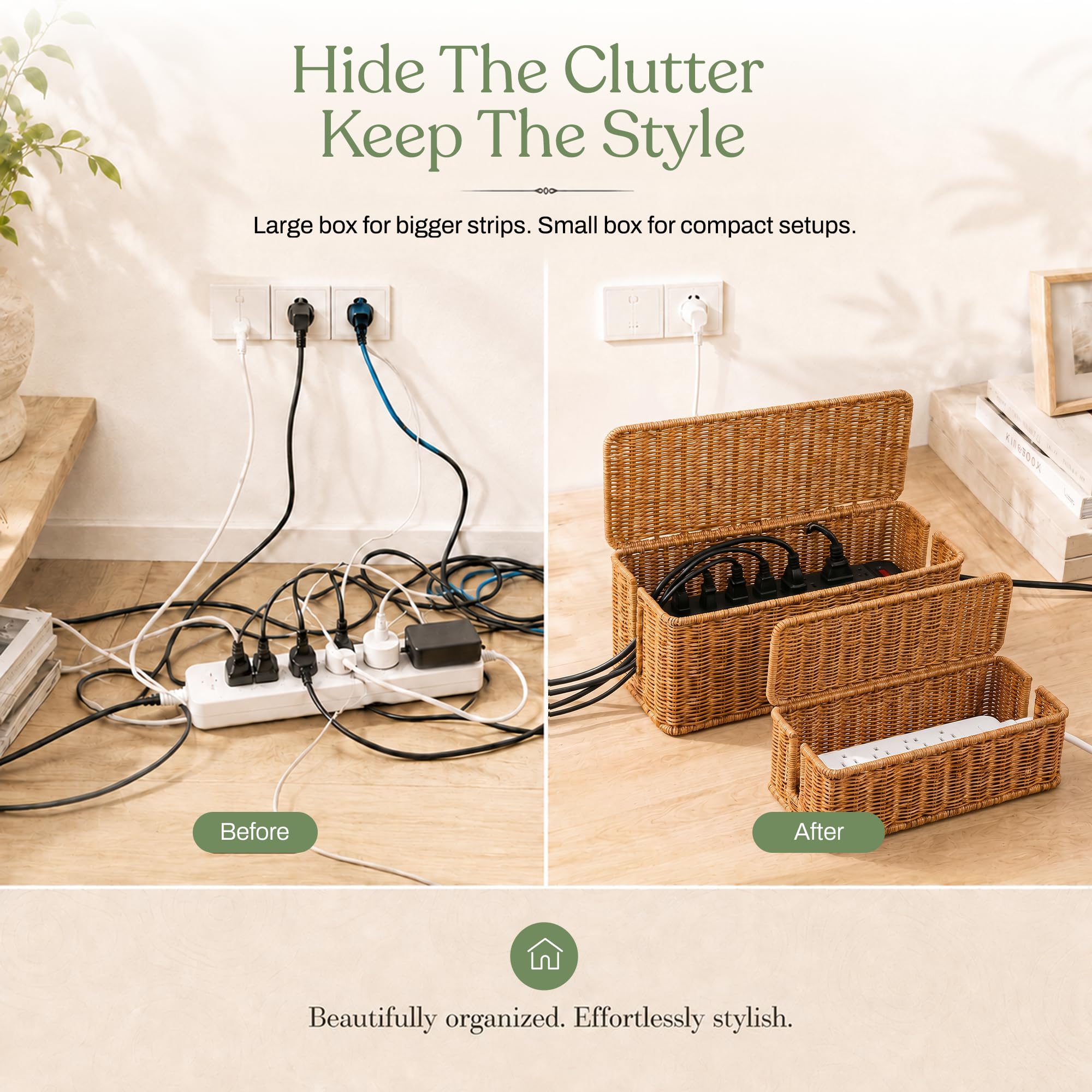 Caja de gestión de cables, organizador de cables de ratán hecho a mano con 2 ranuras abiertas, ocultador de cables para regleta de alimentación, enrutador y concentrador USB, patente registrada de