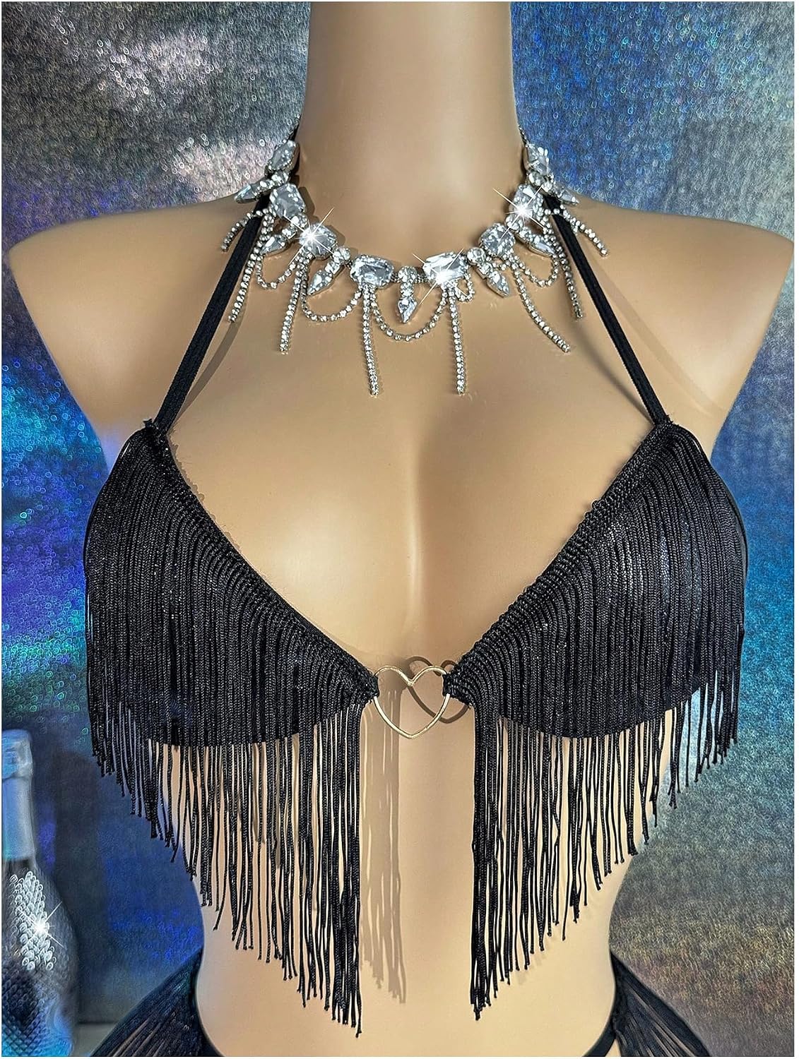 SweatyRocks Women's Fringe Lingerie Ring Halter Bra and Cut Out Panty Sets