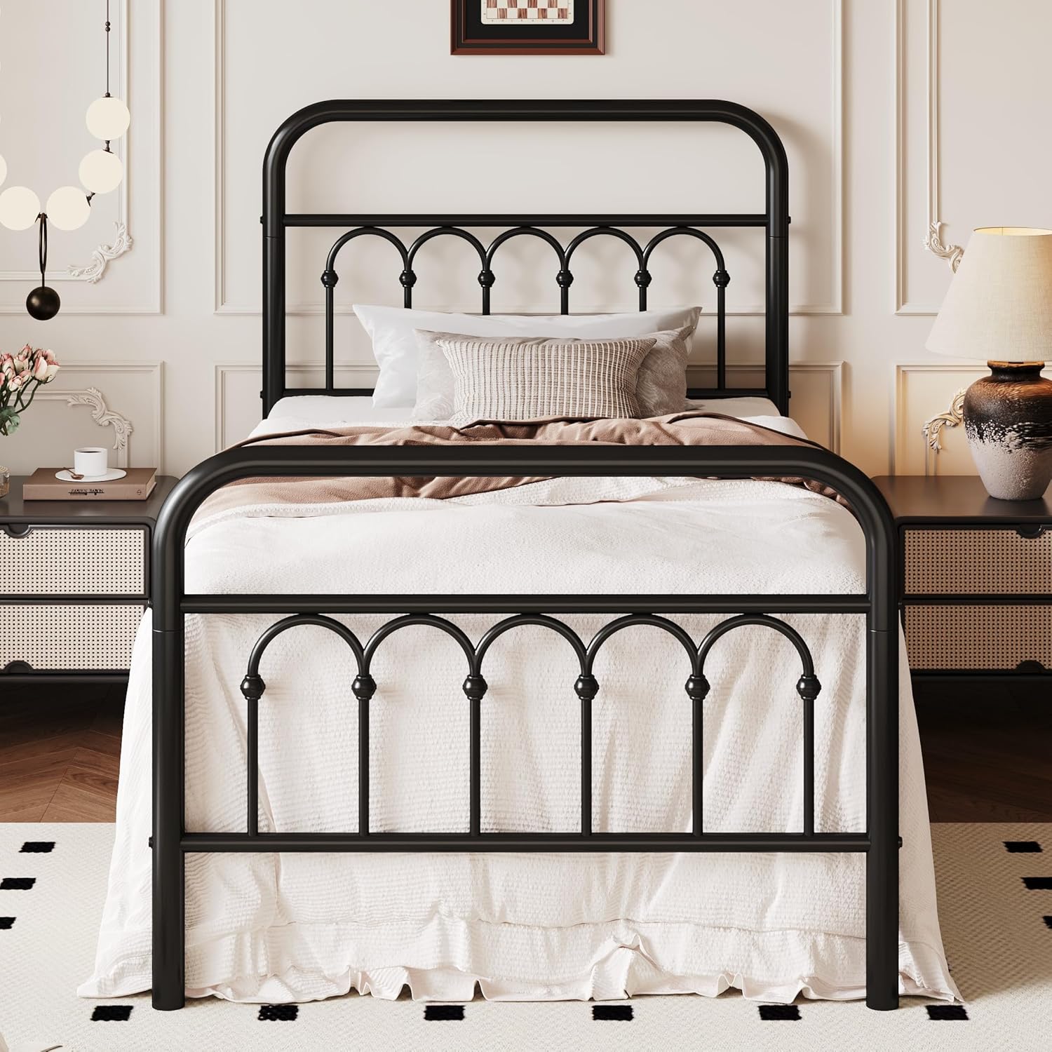 SHA CERLIN Twin Size Metal Platform Bed Frame with Vintage Headboard and Footboard, Iron Arch with Ball Paint Finish, Under Storage Space, No Box Spring Needed, Easy to Assemble, Black