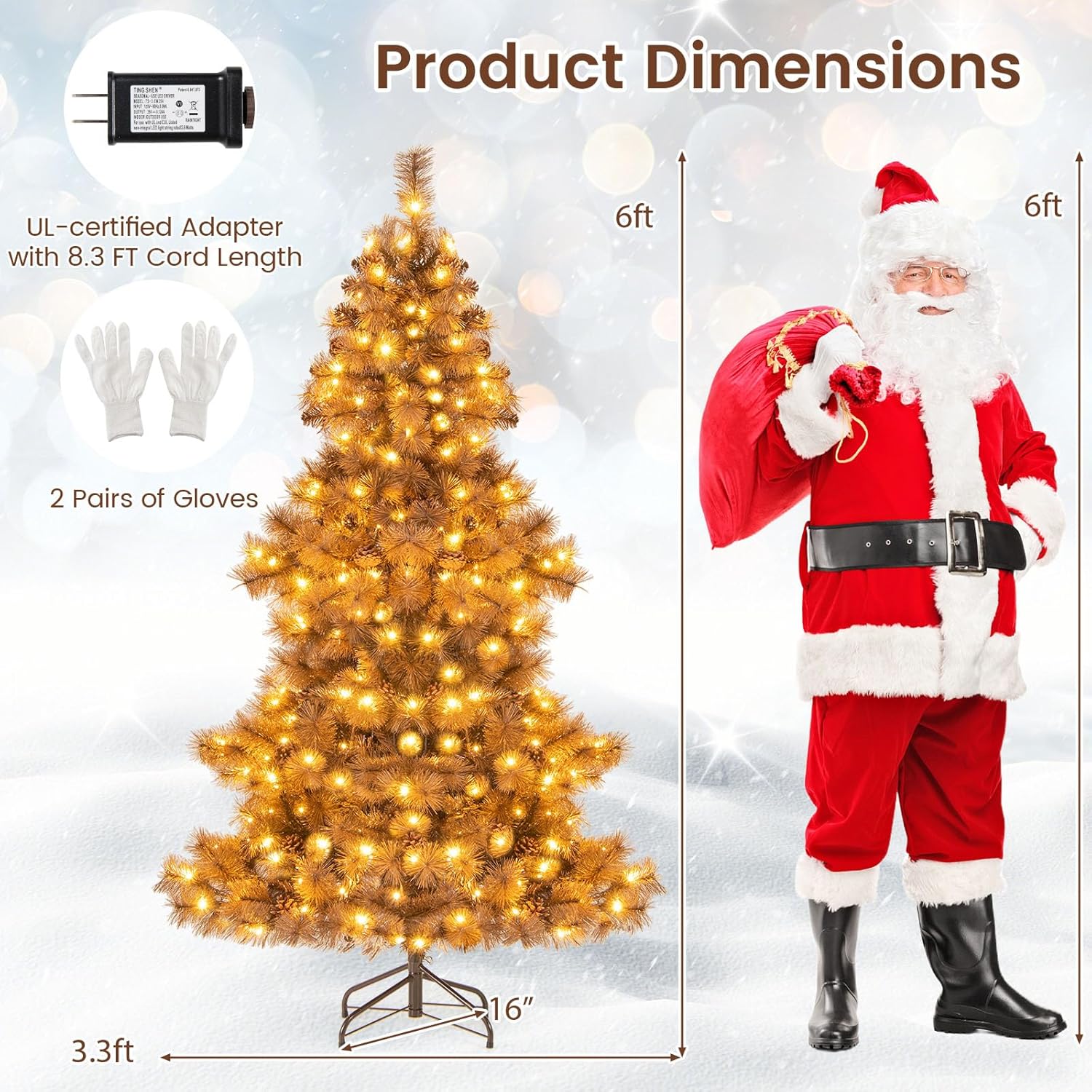 Goplus 6 FT Pre-Lit Artificial Christmas Tree, Hinged Chocolate-Color Xmas Tree with 493 Pine Needles & PVC Tips, 200 Warm White LED Lights, Pine Cones, Metal Stand, Home Office Decoration