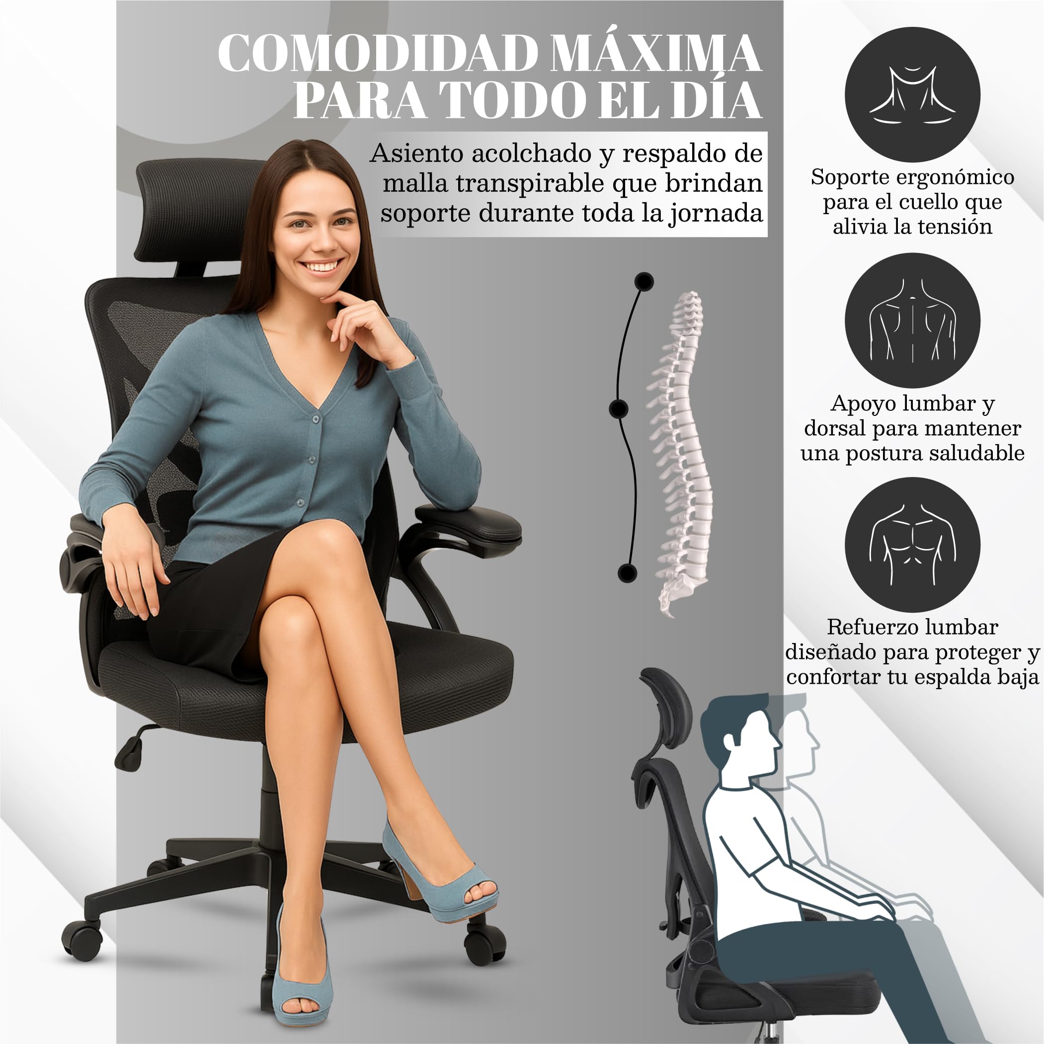 EveryKip® Silla Escritorio Ergonomica Ajustable con Reposabrazos Negro| Ruedas Anti-Arañazos | Sillas Oficina Ejecutiva con Reposacabezas | Cadeira Ergonómica Office Chair (Negro) — view 5