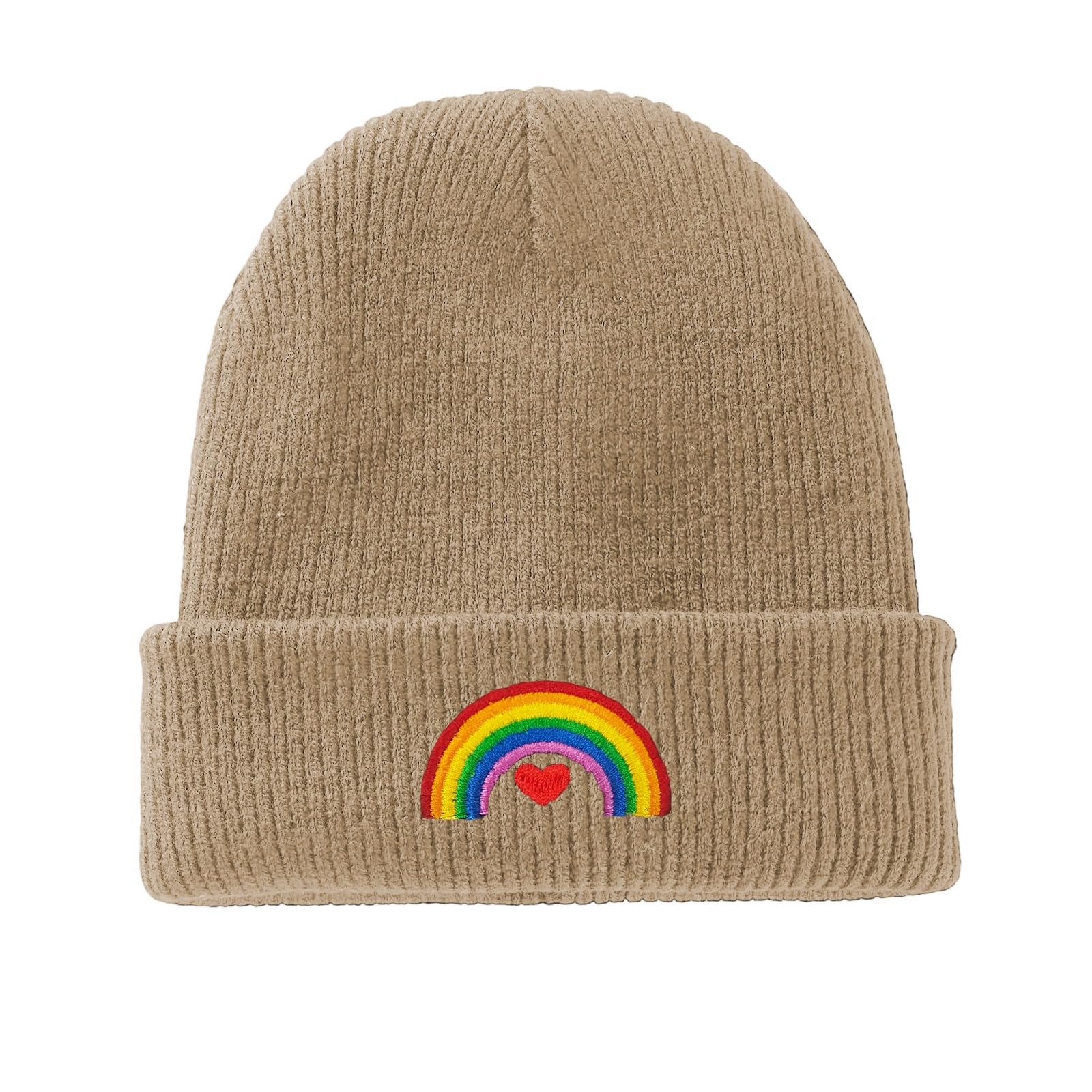 Yuaoeur Unisex Khaki Rainbow Pride Beanie Hat Stretchy Soft Cuffed Wooly Skull Cap With Thick Warm Lining, Winter Hats (Khaki)