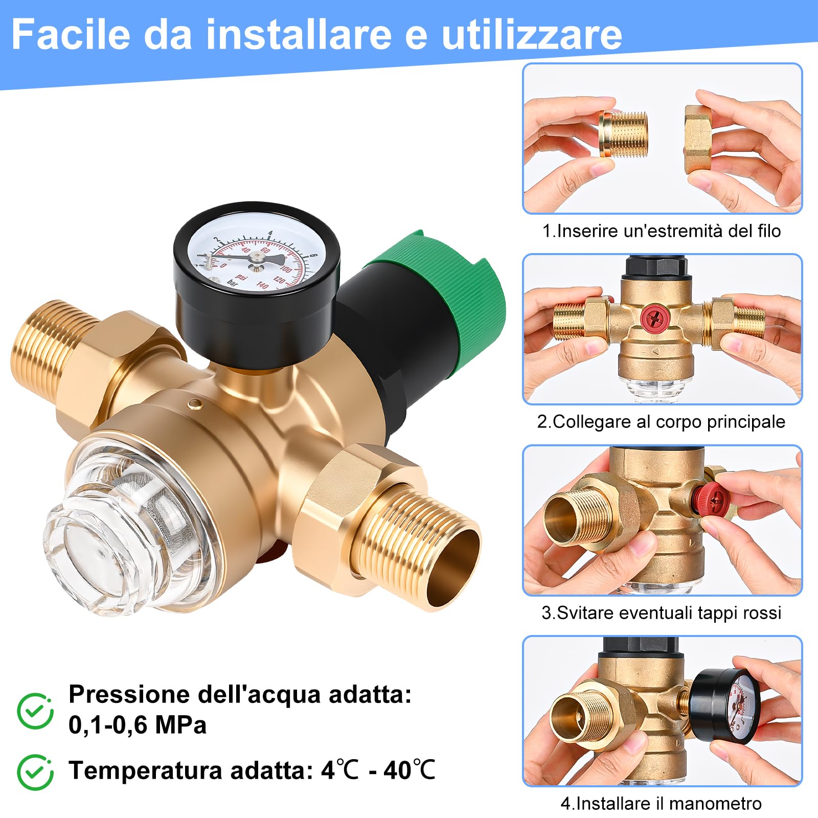 Diealles Shine regolatore di pressione acqua 3/4 pollici, regolatore di pressione acqua con manometro e filtro a setaccio, regolatore di pressione in ottone per case, edifici, fabbriche