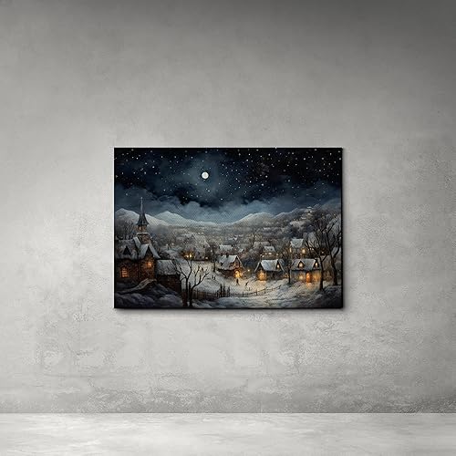 Miniatura 6 de Christmas Wall Art - Farmhouse Snow Covered Christmas Eve Village At Night Painting Canvas Print, Over Mantel Holiday Decor Ready To Hang, Modern