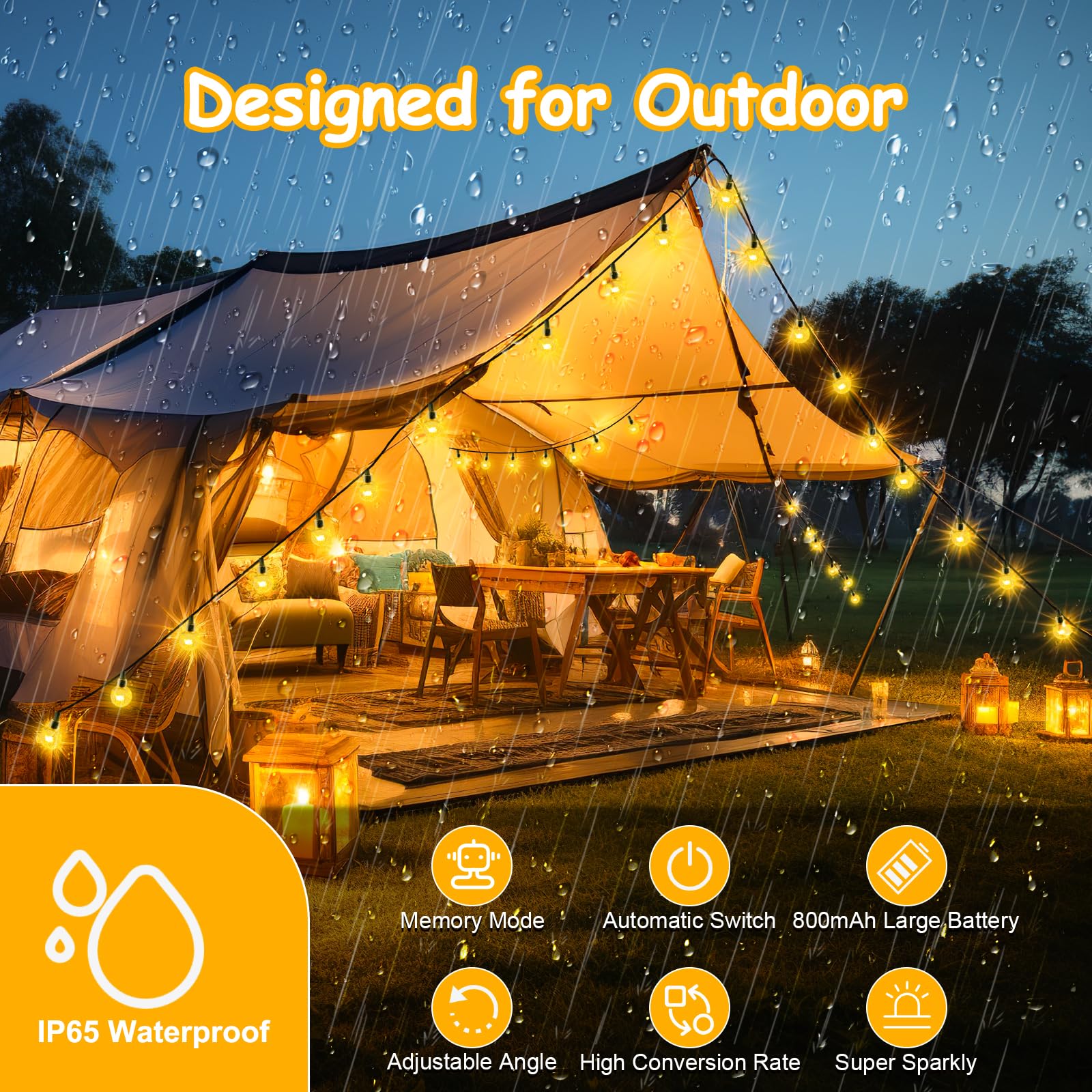 Catena di luci solari per esterni, resistente alle intemperie, 7 m, 50 LED, 8 modalità, luce solare per esterni, per balcone, campeggio, giardino, terrazza, matrimoni, feste, bianco caldo