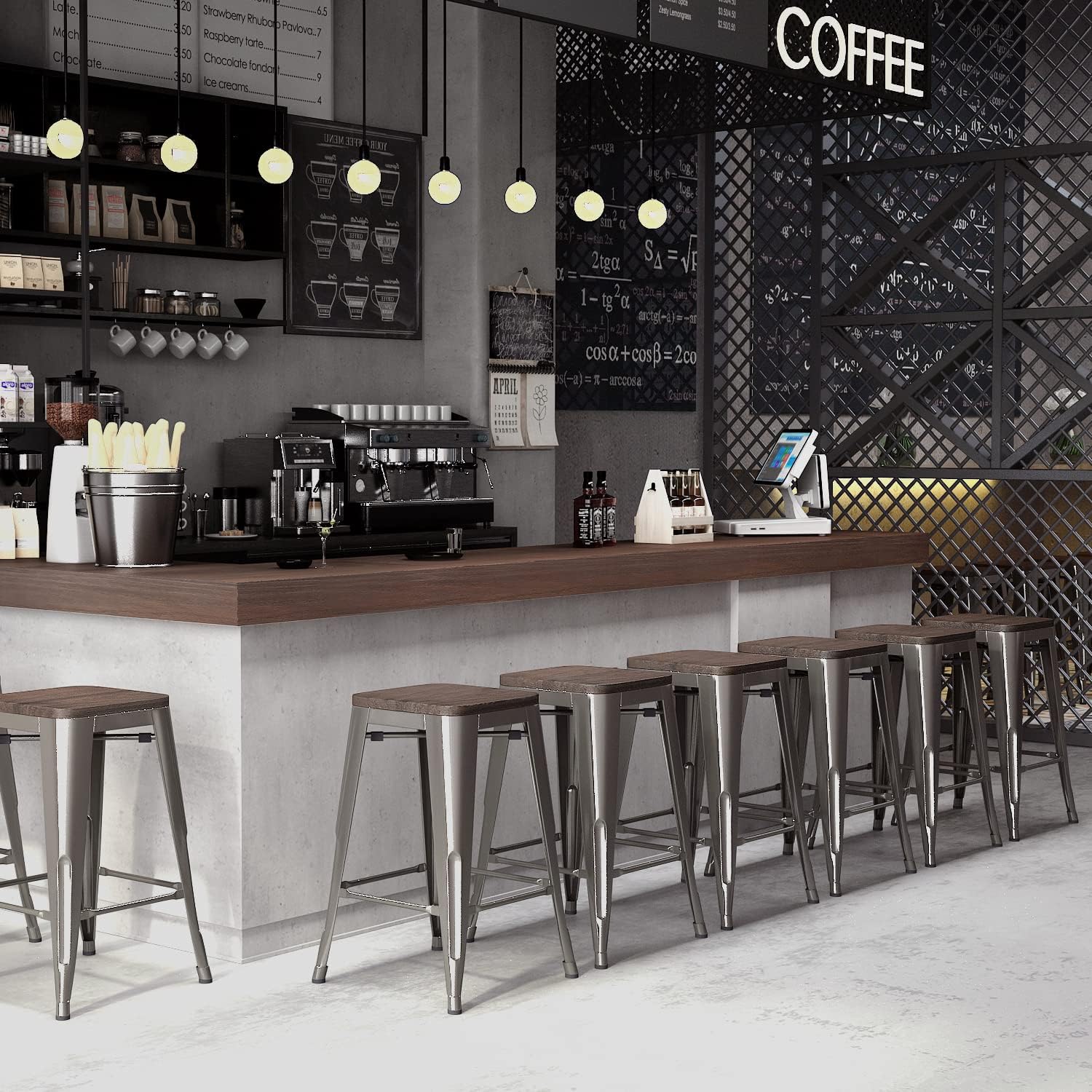 FurnitureR Metal Bar Stools Set of 4,Commercial Grade 24" High Backless Indoor-Outdoor Barstool with Square Wooden Seat，Counter Height Home Kitchen Dining Stool Backless Bar Chair, Sliver, 4pcs : Patio, Lawn & Garden