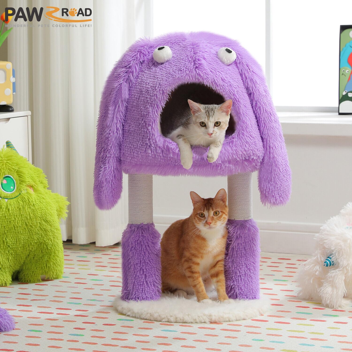 PAWZ Road Cartoon-Themed Cute Cat Tree, 2 in 1 Cat Scratching Post with Big Cozy Condo, Artistic Modeling Playing Tower with a Soft Removable Cat Bed for Indoor Cats, 28