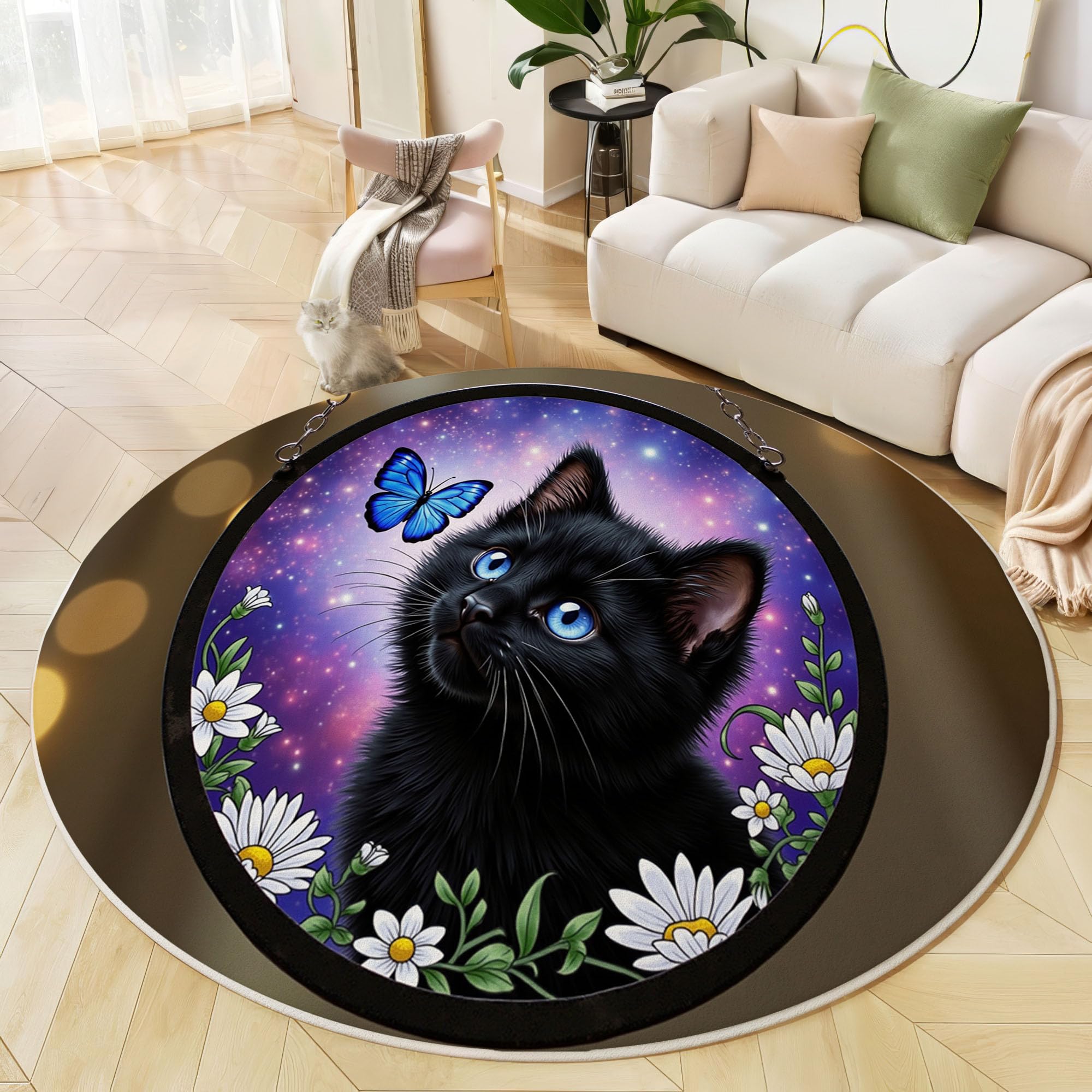 Tapis rond salon chat noir et ciel étoilé violet foncé de 120 cm