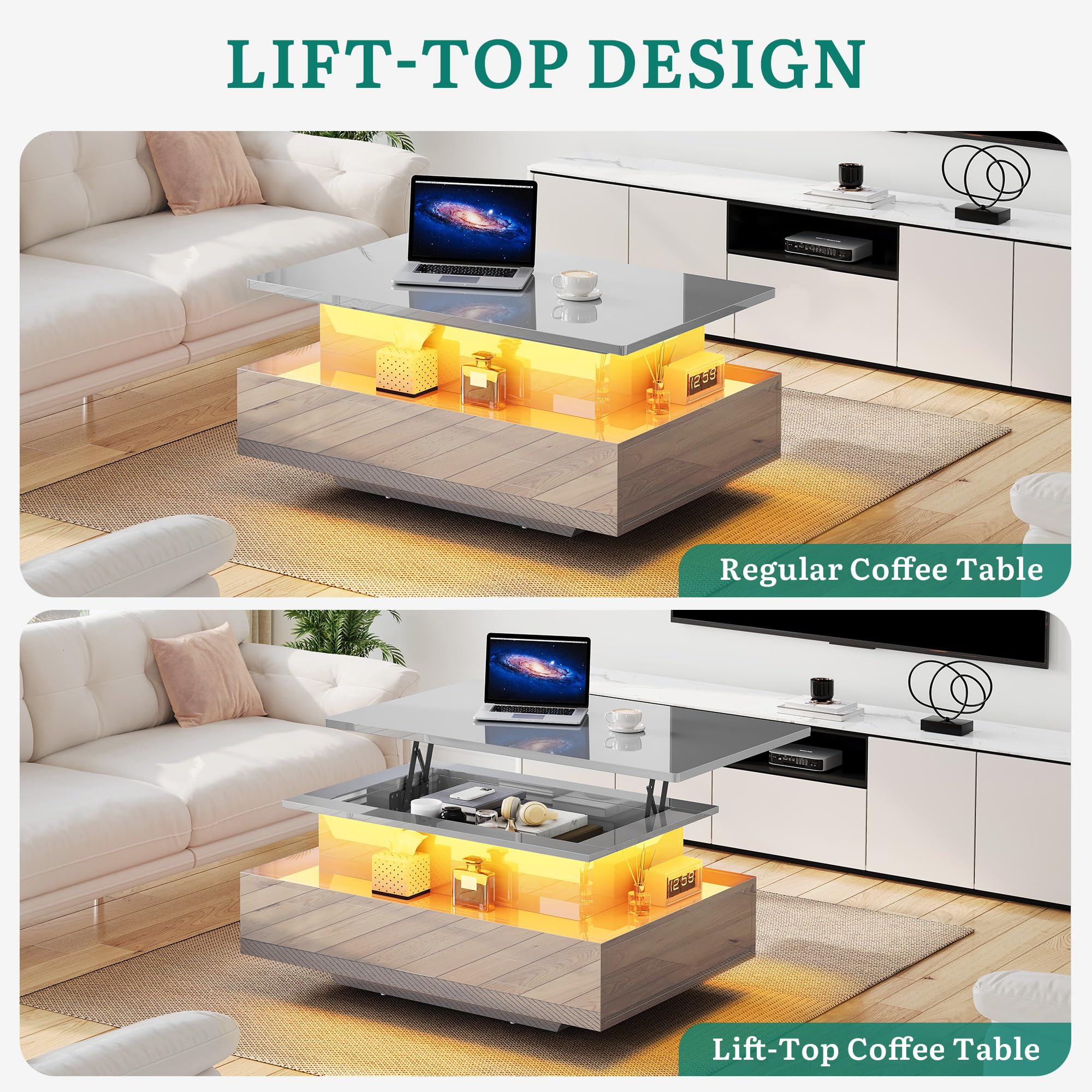 YITAHOME Tavolino da caffè lucido con striscia LED, tavolino da caffè con ripiano superiore sollevabile per soggiorno, moderno tavolo da tè rettangolare in legno con 2 cassetti