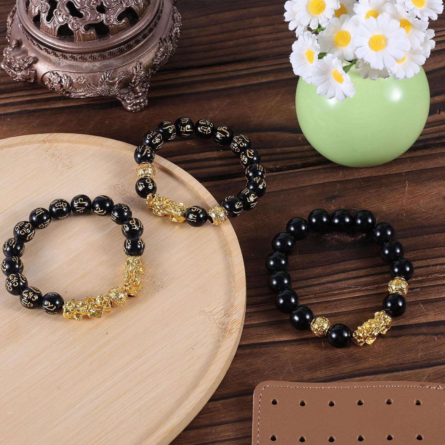 3pcs Wealth Bracelets, Imitation Obsidian Good Luck Bracelet with Chinese Mythical Beasts Charms for Protection Bring Luck & Wealth Gold and Black Beaded Jewelry Gift for Men Women - Image 5