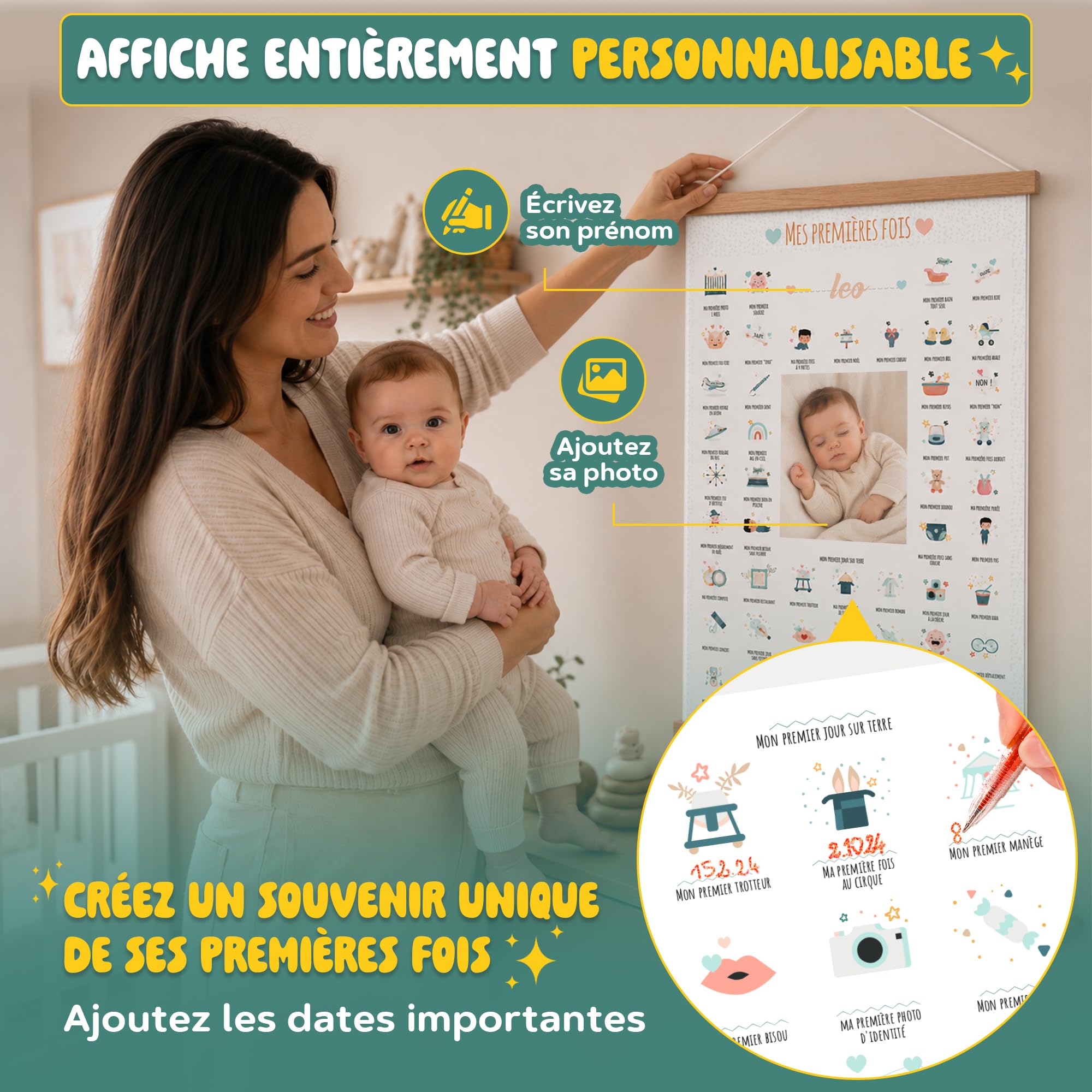 Poster "Meine ersten Male": Geschenk zur Geburt für Babys, Mädchen, Jungen, Geschenk zur Babyparty, Erinnerungsbox für Babys, Set zur Geburt, werdende Mutter (Geschenkbox + Ringe + Stifte)