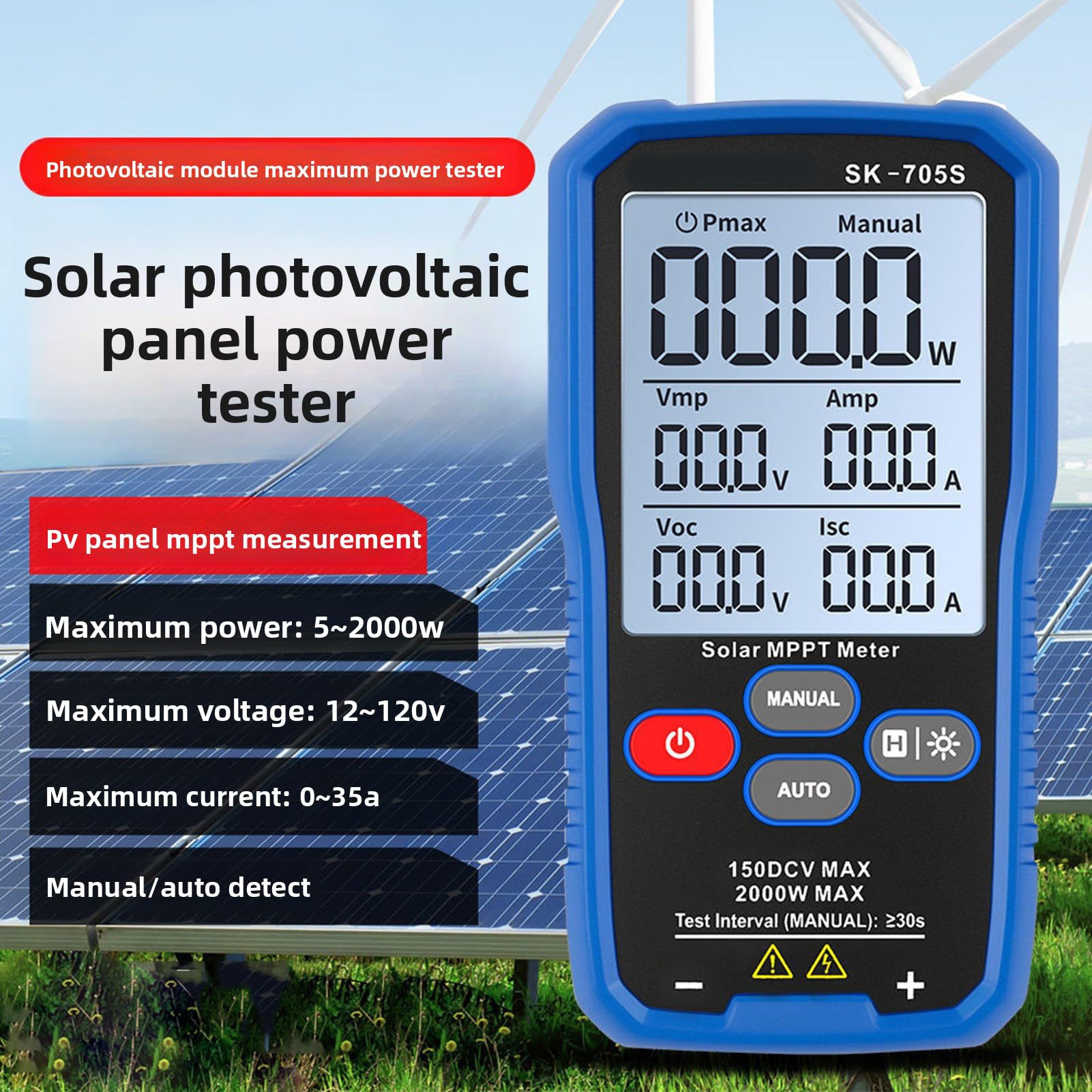 Fockety Tester Mocy Paneli Słonecznych 2000W, LCD Multimetr PV z MPPT