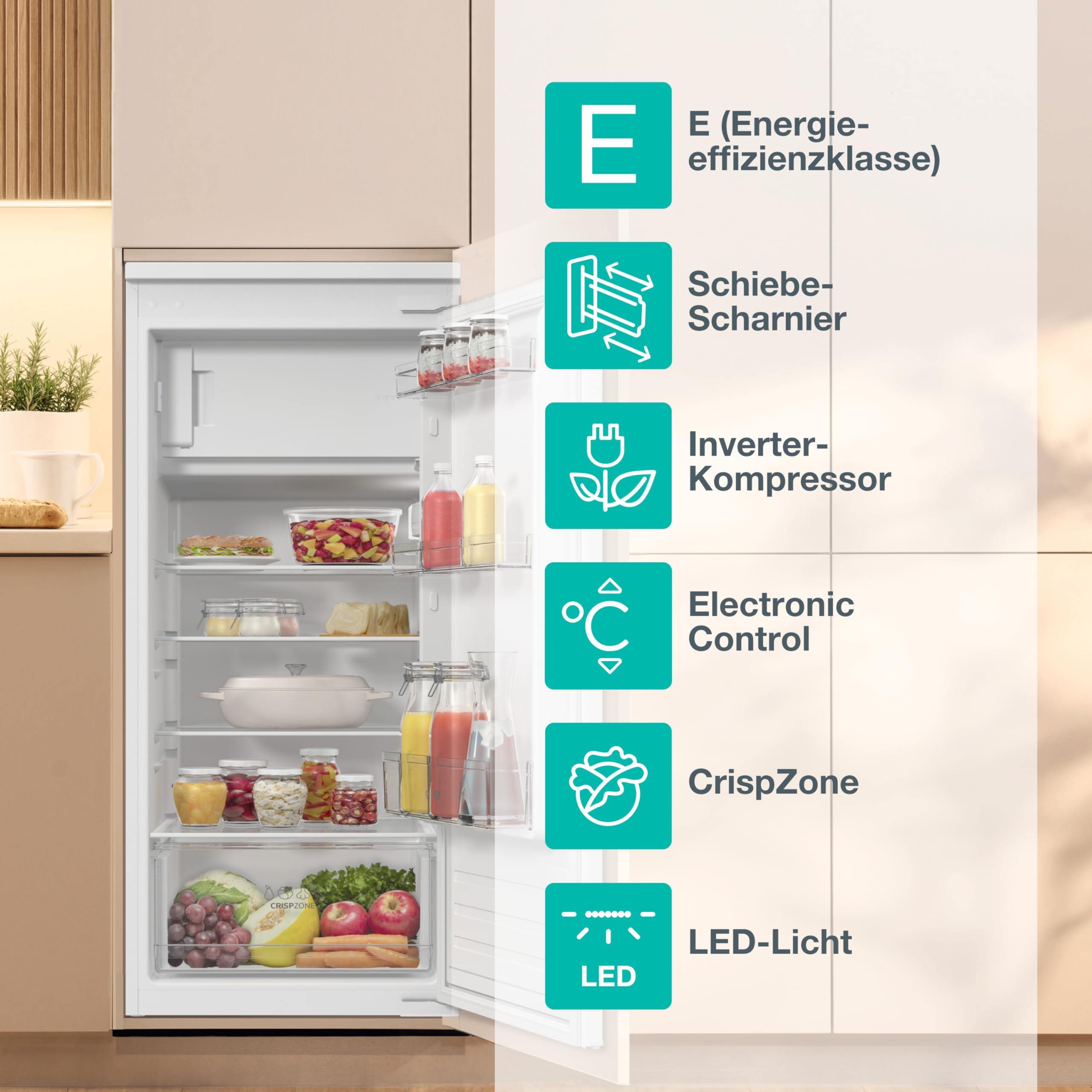 Gorenje RBI512E21 EinbauTischkühlschrank mit Gefrierfach, 122cm Nische, Schlepptürscharnier, 179L(163L plus 16L), Inverter, CrispZone, Türalarm, LED Licht, BxHxT: 54×122,1×54,5 cm, Weiß