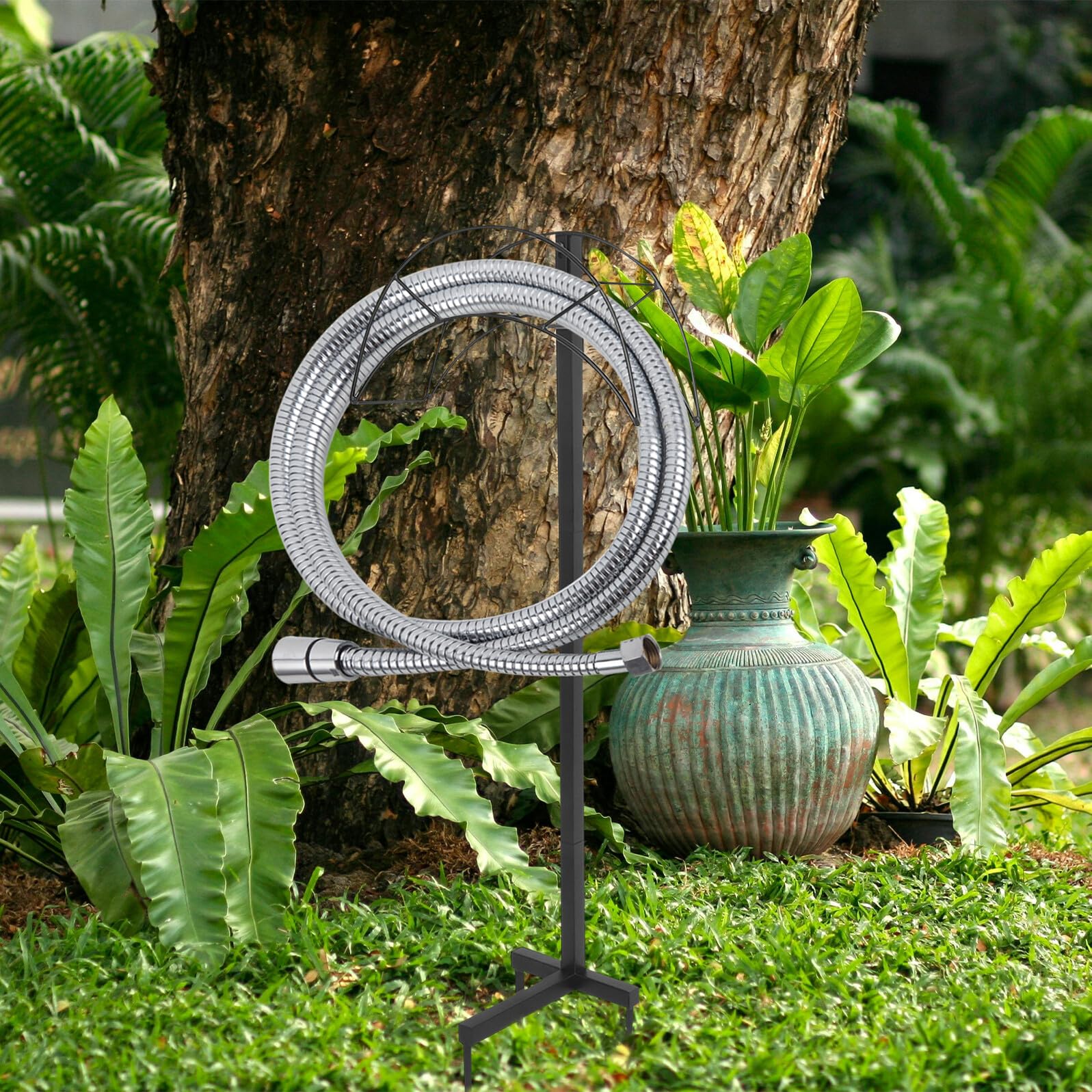 Soporte para manguera de jardín estante de almacenamiento de tuberías de agua Apuesta por soporte de manguera de jardín de metal hierro forjado Negro