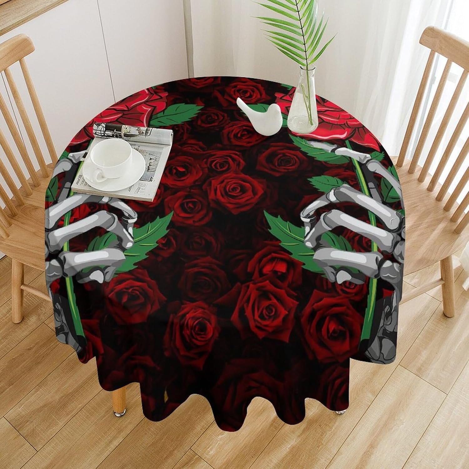Rose Flower Round Tablecloth, Skeleton Hand Floral Leaves Window Curtains, Halloween Horror Print Tablecloth for Home Party Dining Room Kitchen Decor 50Inch(127cm)
