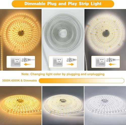 Miniatura 2 de Tira de luces LED de 65.6 pies regulables de alto brillo, resistente al frío, 110 V, cuerda de luces de CA IP67 impermeable, 3000 K4000 K6500 K, luz