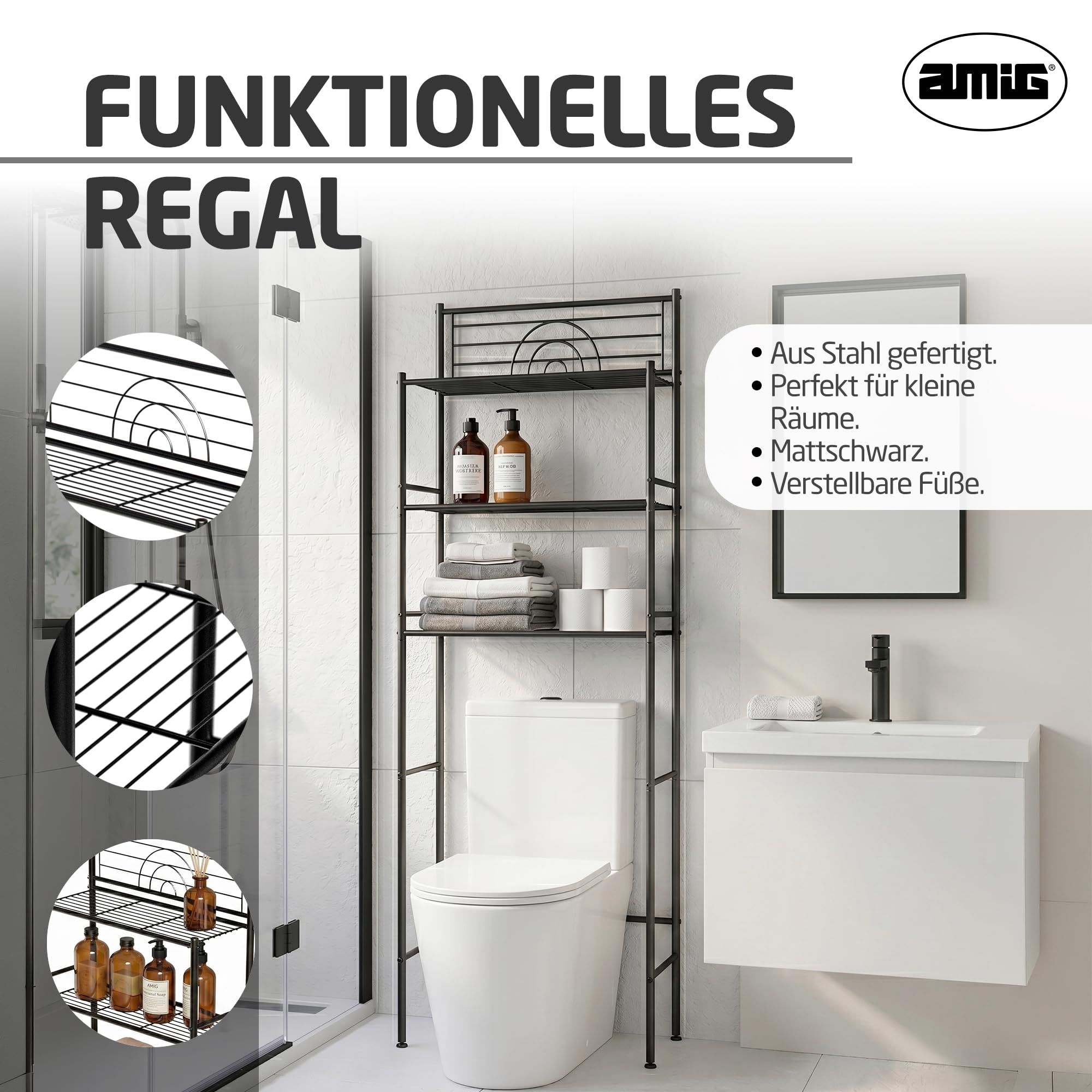 Amig - Badezimmerregal über Toilette Mod. ORIA - 3 Höhen - Hergestellt aus Stahl - Matt schwarz - Mit verstellbaren Füßen - 60,7 x 28 x 172 cm