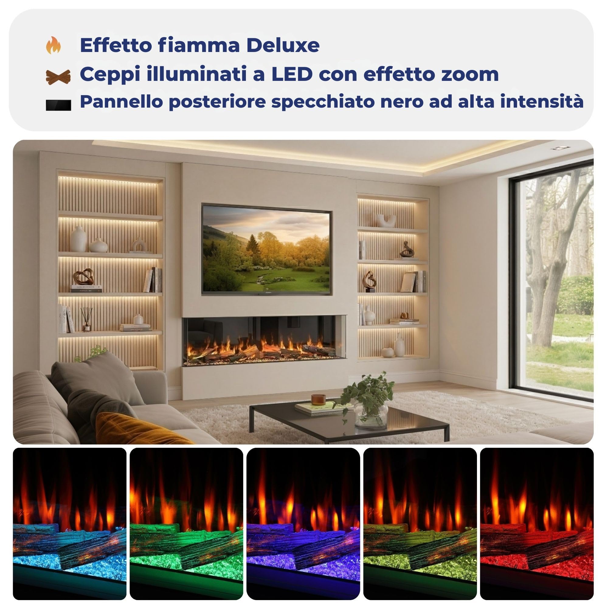 Endeavour Fires Deluxe Rosedale Camino Elettrico 3 Lati per Parete Multimediale, App Wi-Fi Smart e Telecomando, Crepitio del Fuoco, Specchio Nero Riflettente, Set di Ceppi LED, Potenza 1.5 kW (60'')