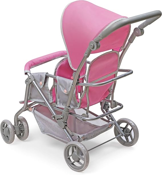 Badger Basket Double Doll Stroller with Storage Basket - Pink/Grey | Double stroller fits up to 20 dolls; adjustable handle, swivel wheels, storage basket, seat belts & padded handle.