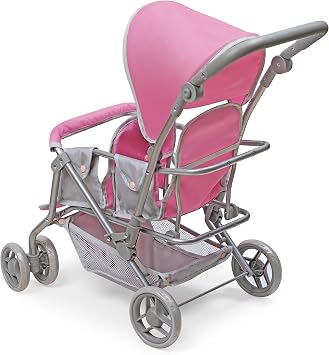 Badger Basket Double Doll Stroller with Storage Basket - Pink/Grey | Double stroller fits up to 20 dolls; adjustable handle, swivel wheels, storage basket, seat belts & padded handle.