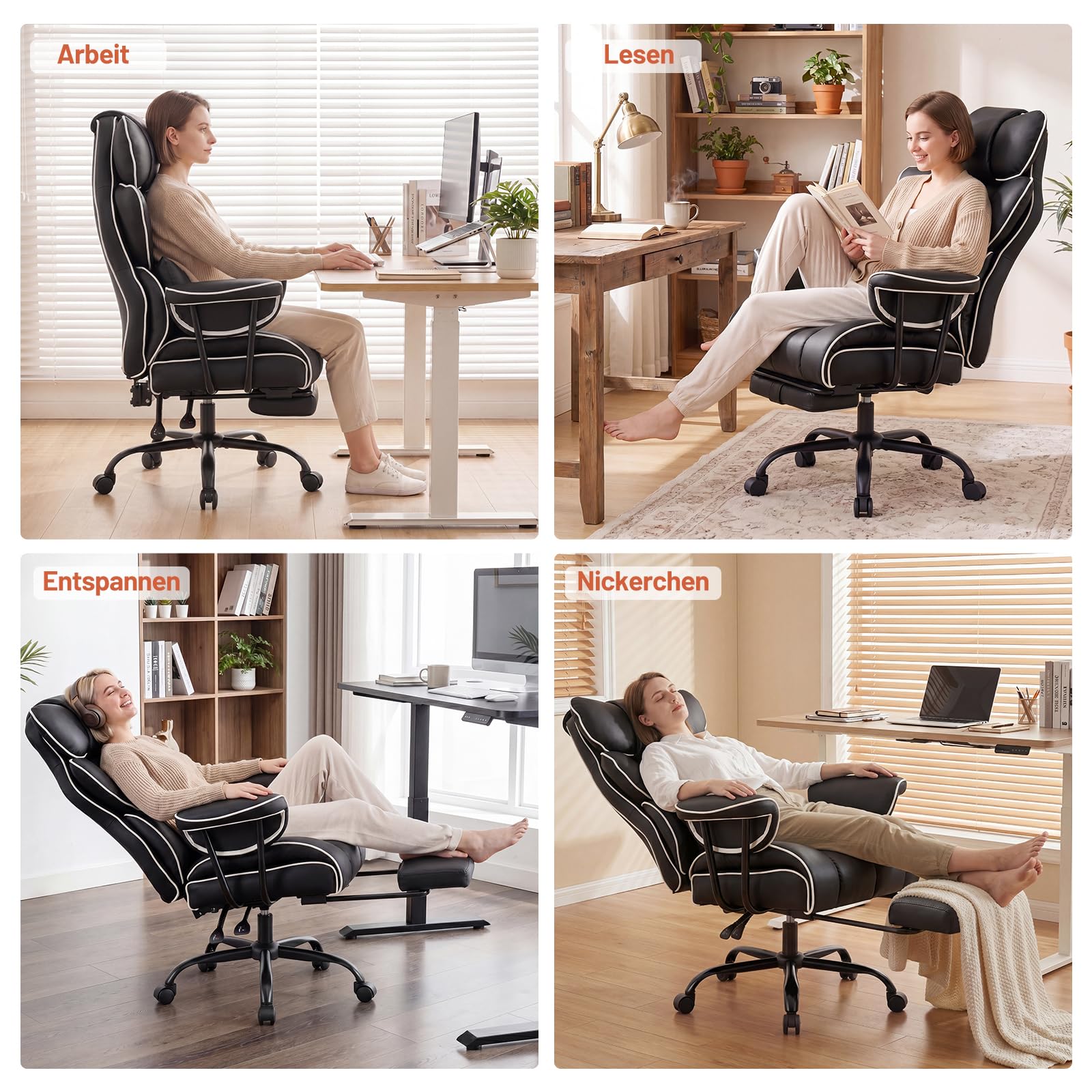 Sedia da gaming ergonomica, in pelle PU, 200 kg, con poggiapiedi e supporto lombare, sedia regolabile con schienale alto, sedia girevole (nero-1)