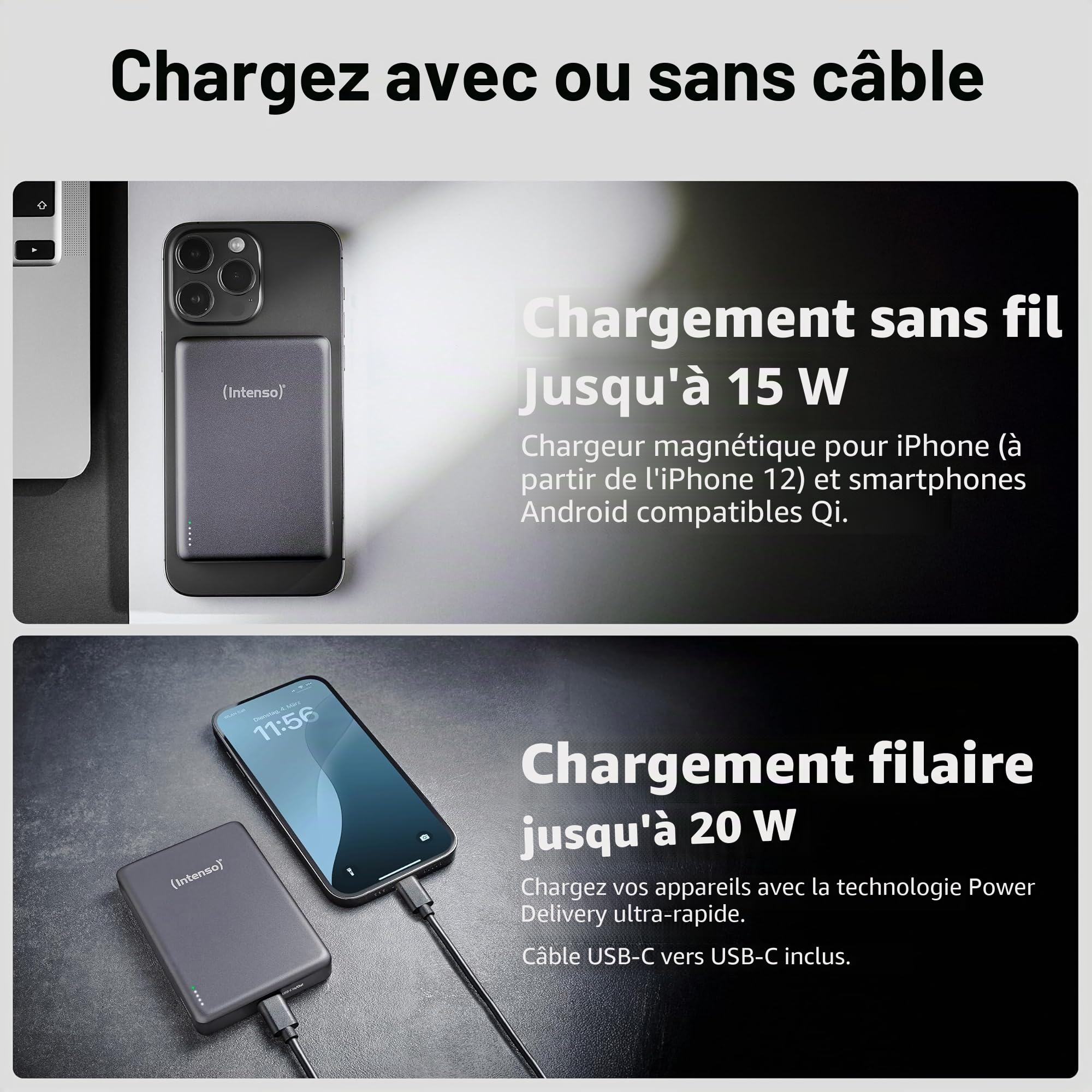 Intenso MW10000 Batterie Externe magnétique 10000 mAh – Compatible MagSafe, Recharge sans Fil 15 W, USB-C PD 20 W, pour iPhone et Android – Testée en Allemagne – Grise : Amazon.FR: High-Tech