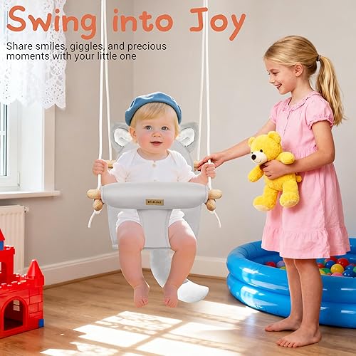 Miniatura 7 de Columpio colgante de madera para bebé con cinturón de seguridad suave, acogedor asiento de columpio infantil para uso en interiores y exteriores,