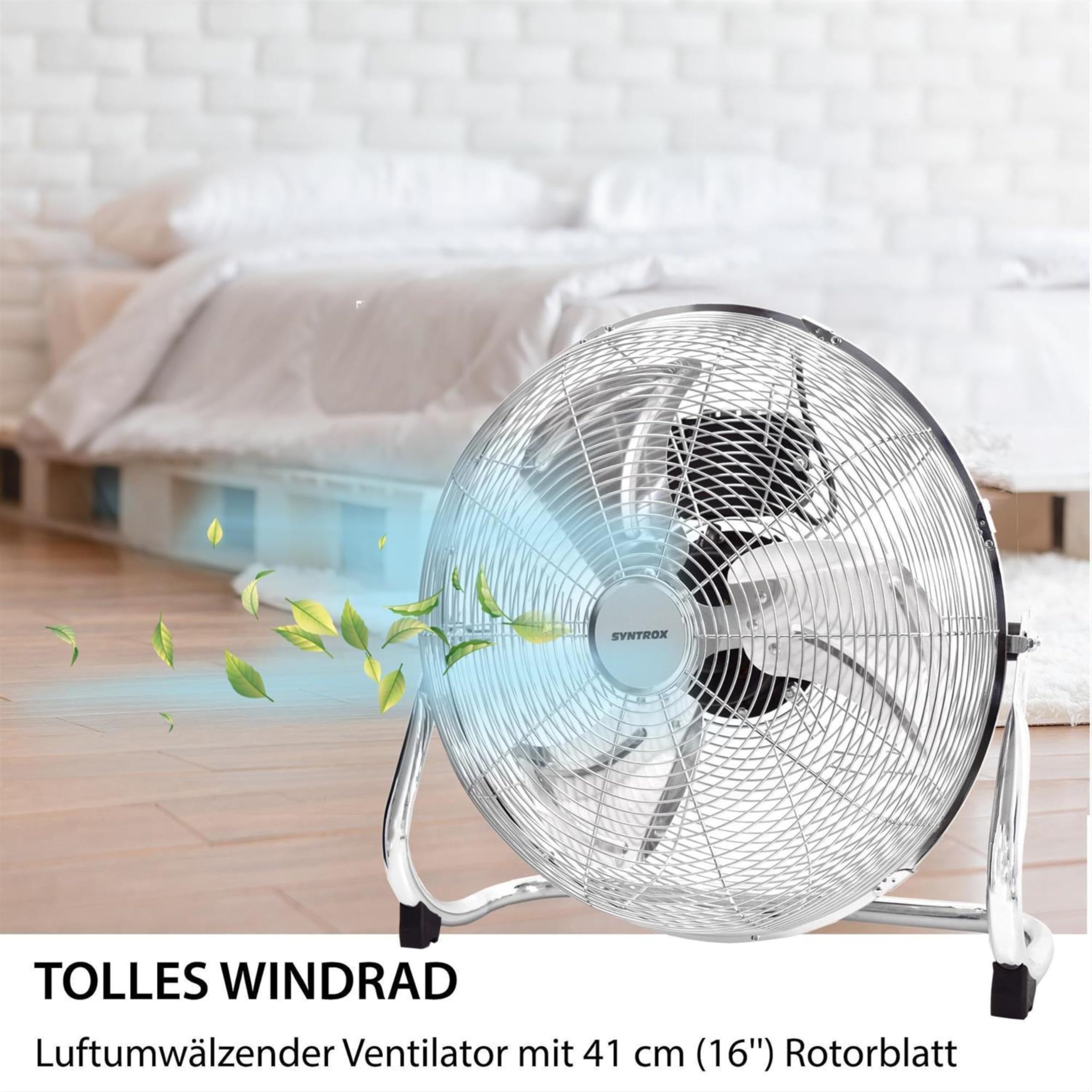 Syntrox Turbo Ventilator Quirbos | Edelstahl Windmaschine | Bodenventilator, 41 cm Rotorblatt, 3 Geschwindigkeitsstufen, 100 Watt, Stabil und standfest