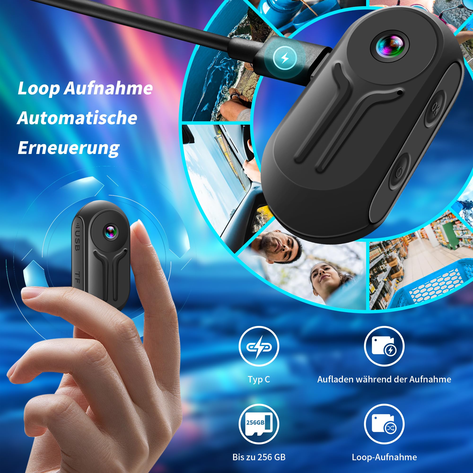 Action Cam 1080P mit 64 GB Karte, Sport Action Kamera, Motorrad Kamera mit 120° Weitwinkel, Bodycam Körperkamera Mini mit Magnetischem Rückenclip, Helmkamera Fahrrad, Vlogging Camera