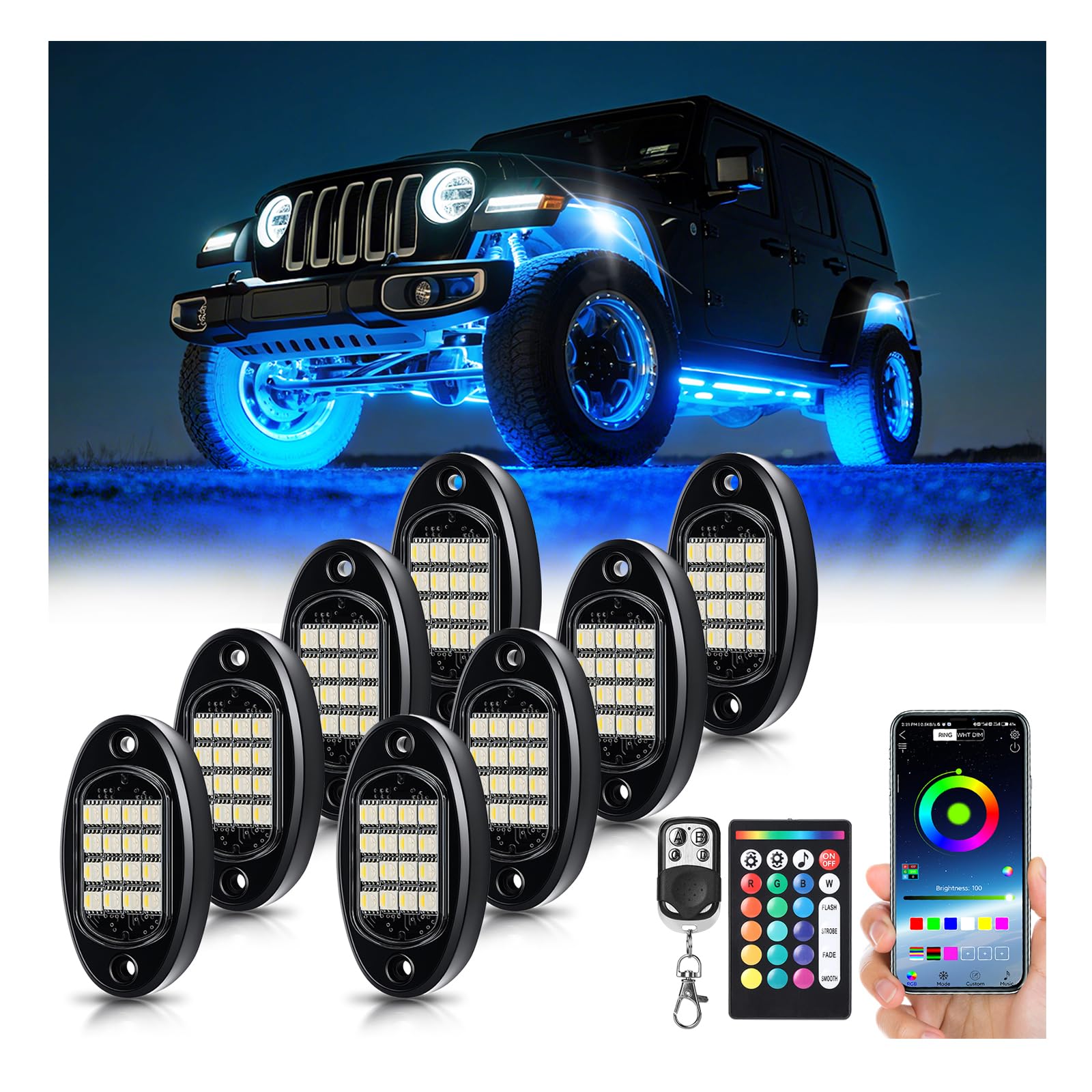 RGBW LED Rock Lights Kit, 8 Pods Rock Light for Jeep Truck Golf Cart ATV UTV RZR Offroad Pickup, Waterproof 6500K Pure White &amp; RGB Underglow Kit with APP Control Music Neon Vehicle Underbody Light 12V