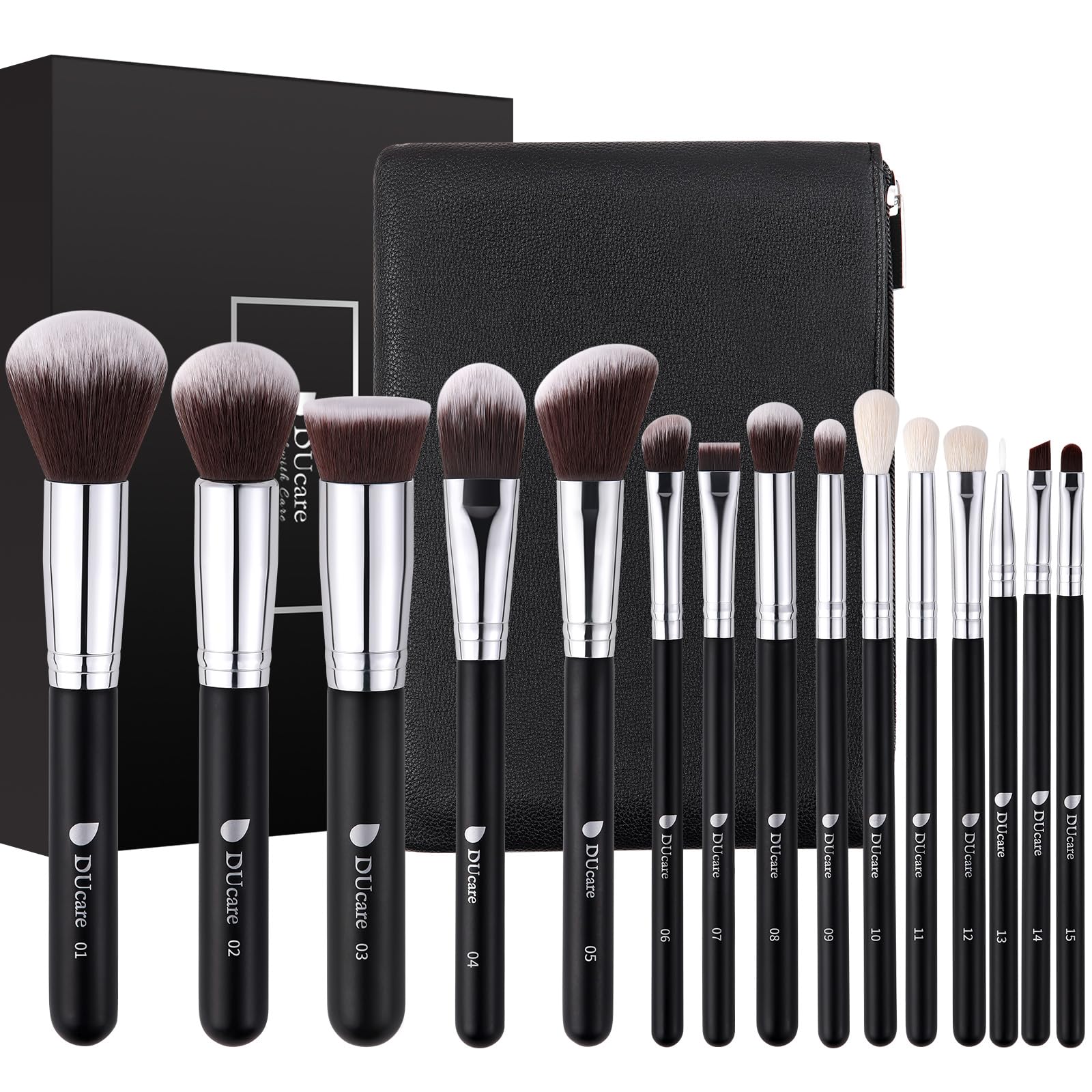 DUcare Makeup Brushes with Bag,15Pcs Makeup Brush Set Christmas Gift Travel Kabuki Foundation Blending Blush Eyeliner Shadow Brow Concealer Brushes Kit Black