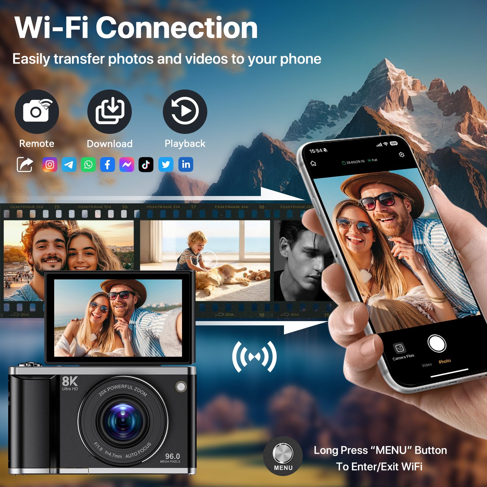 Cámara Digital 8K 96MP con WiFi, Zoom Digital 20X, Cámara de Fotos con Enfoque Automático y Estabilización Anti-Shake, Pantalla Abatible de 3,5" 180°, Tarjeta SD de 32GB y 2 Baterías
