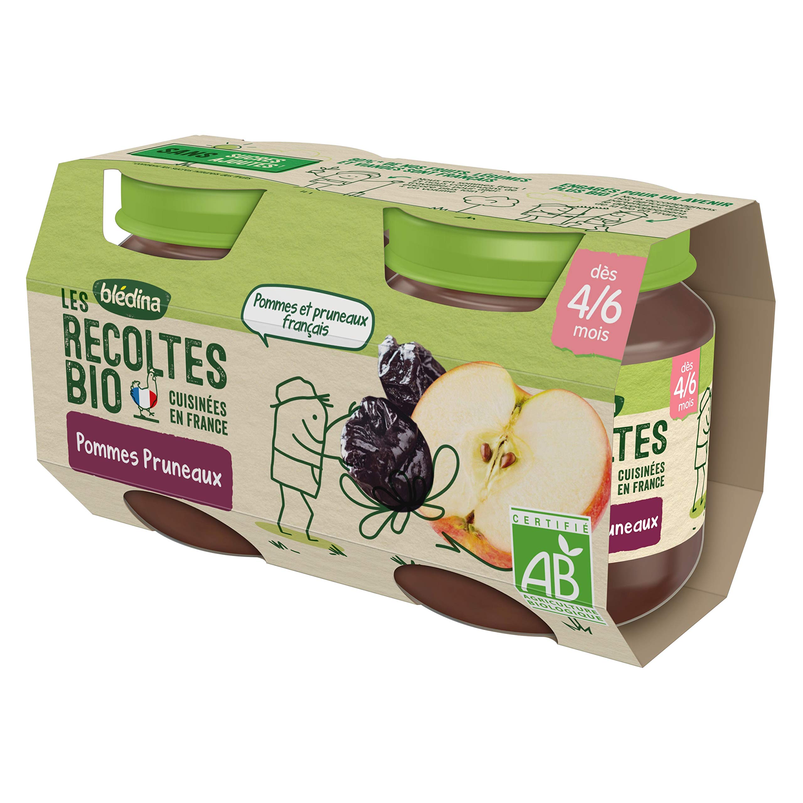 Blédina Les Récoltes Bio, Petits pots bébé Bio dès 4/6 Mois, Pommes Pruneaux, 2x130g (Packx12)