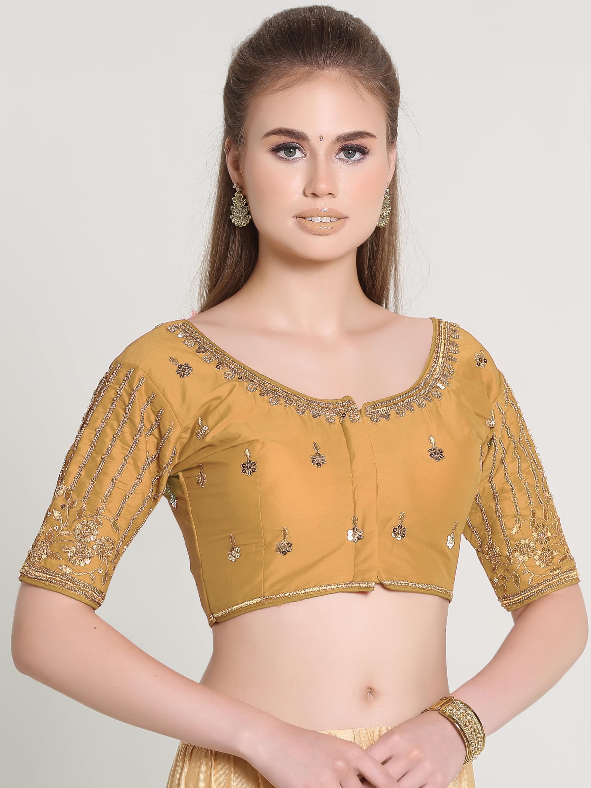 Pujia Mills Women's Readymade Bridal Embroidery Blouse Multi Coding Maggam Work Moti Work Indian Ethnic Designer Stitched Readymade Saree Half Sleeve Gold Blouse For Women For Saree Lehenga Choli