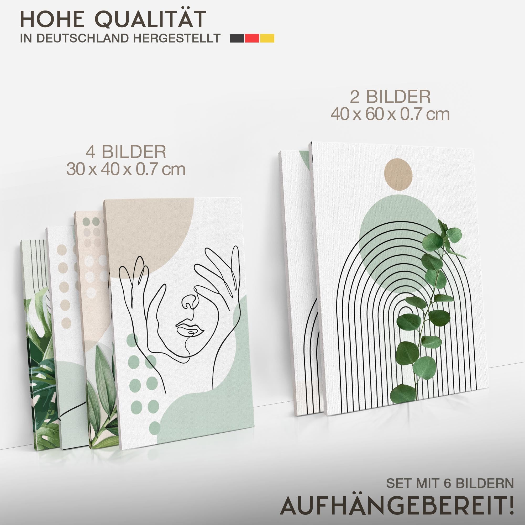Novart Wandbilder Abstrakt Figuren Blätter - KOMPLETT AUFHÄNGFERTIG - Beige Weiss Grun Wohnzimmer Schlafzimmer Flur - 6 Moderne Mood-Bilder - N034067a