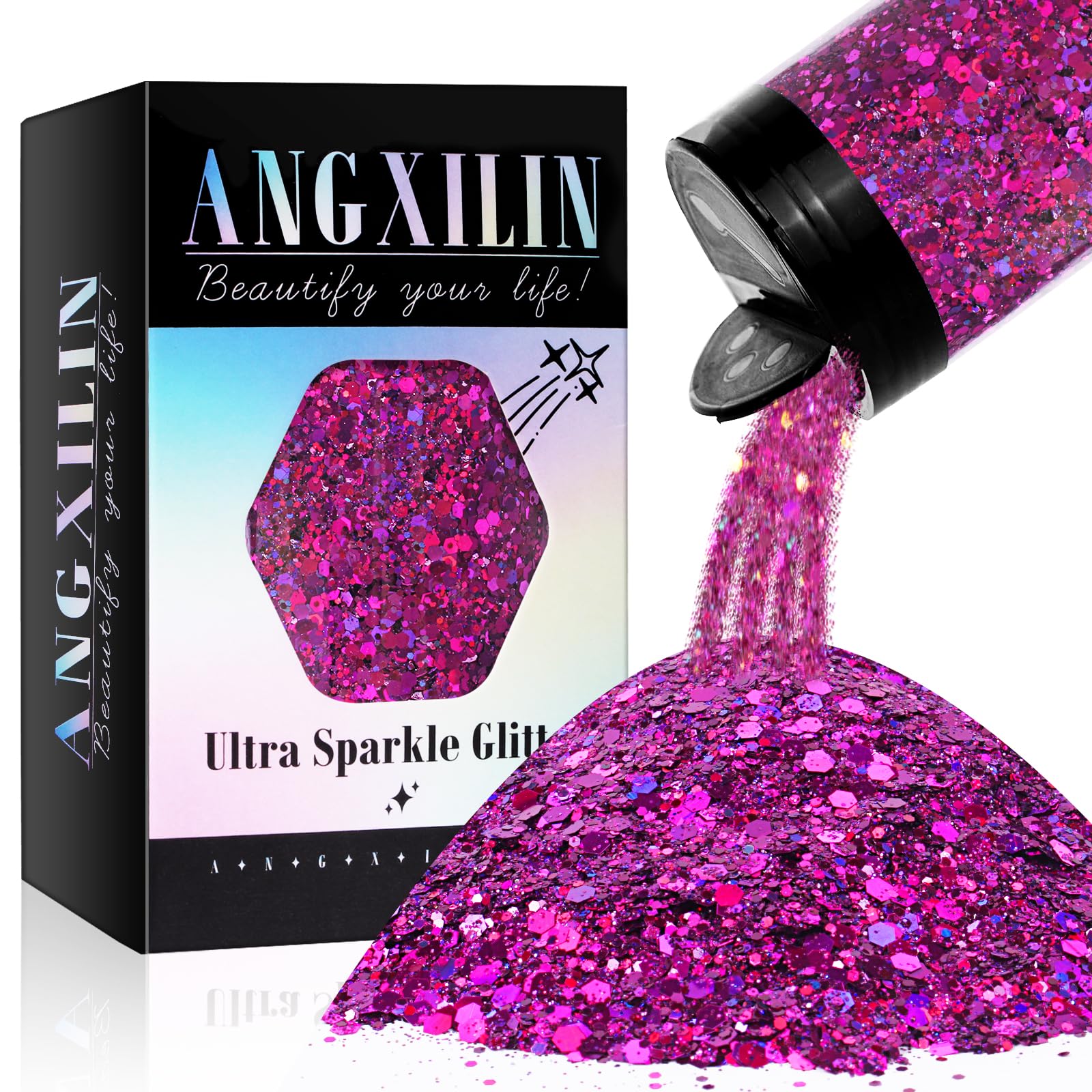 ANGXILIN Holographic Chunky and Fine Mixed Craft Glitter, 190g/6.7oz Bulk Laser Sequin for Face Body Nail Art, Epoxy Resin Tumbler Jewelry Making (