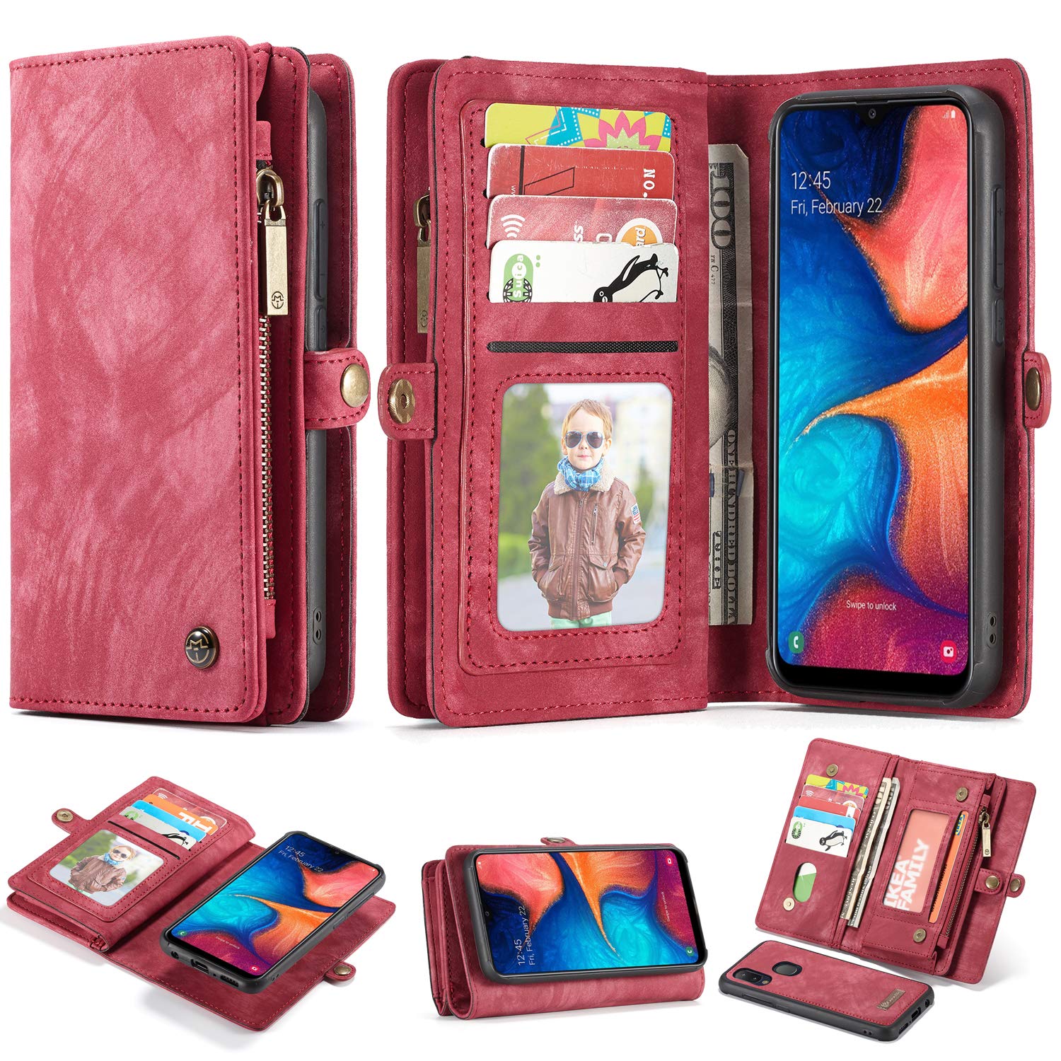 MIYI Samsung Galaxy A20E Wallet Cases,Caseme Luxury Handmade Trifold Leather with Card Slots and Magnetic Back Cover,2in1 Detachable Flip Zipper Case (A20E, Red)