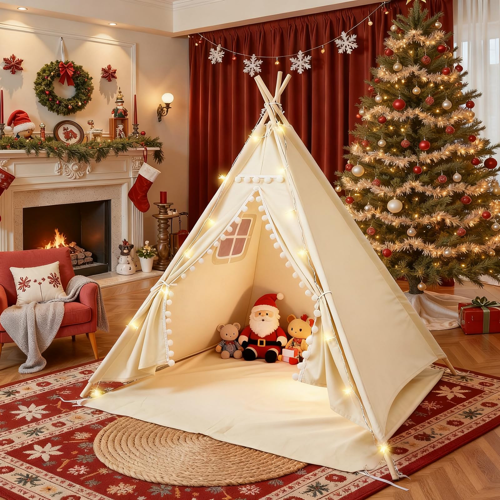 Tipi - Tente tipi pour enfant - Pour intérieur/extérieur - 120 x 140 cm - En toile - Tente tipi - Maison de jeu avec guirlande lumineuse et sac de rangement - Pour l'intérieur ou l'extérieur